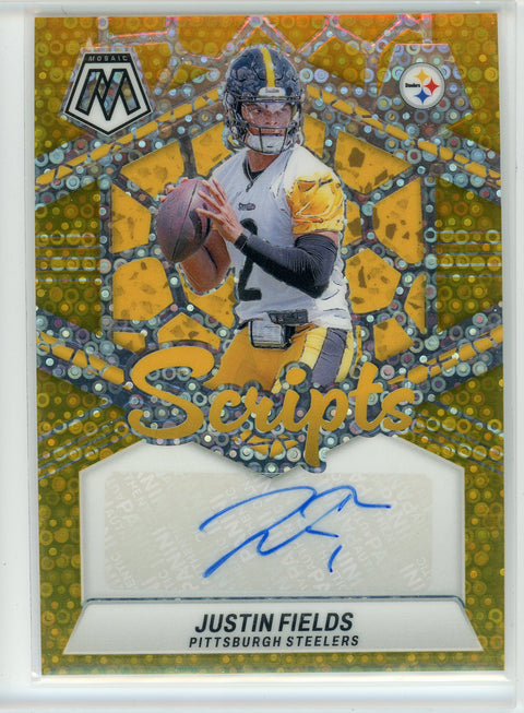 2024 Panini Mosaic #SC-JFS Justin Fields Scrips Yellow No Huddle Prizm Auto /10