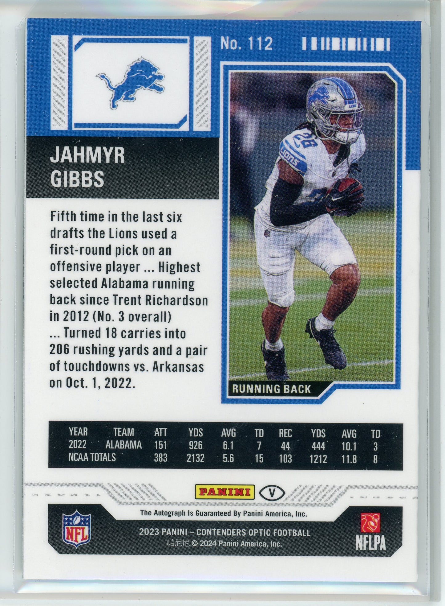 2023 Contenders Optic #112 Jahmyr Gibbs Rookie Ticket Auto
