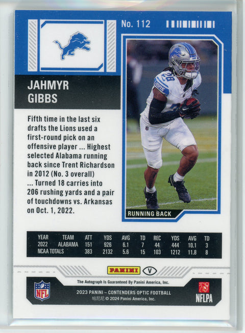 2023 Contenders Optic #112 Jahmyr Gibbs Rookie Ticket Auto