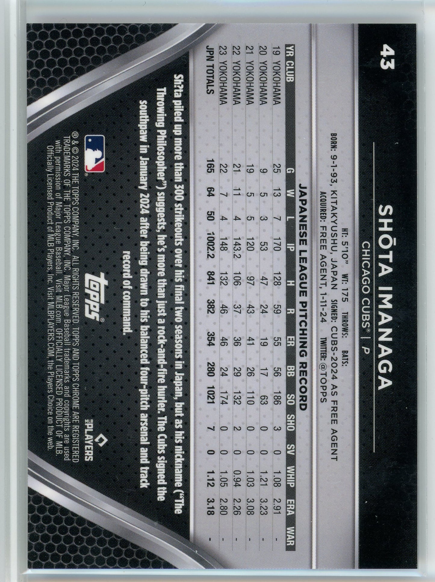 2024 Topps Chrome Black #43 Shota Imanaga Purple Mini Diamond Refractor /150