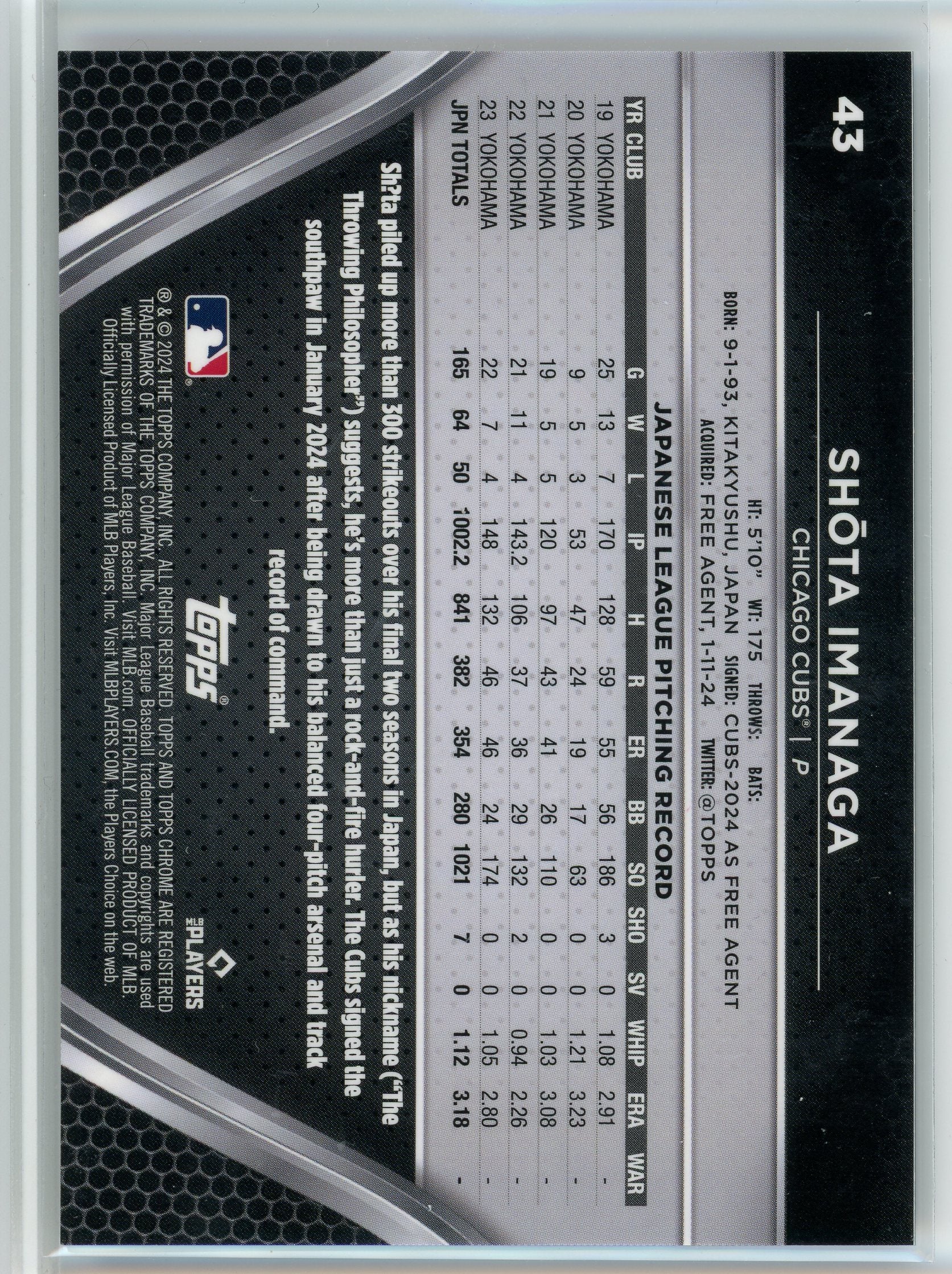 2024 Topps Chrome Black #43 Shota Imanaga Purple Mini Diamond Refractor /150