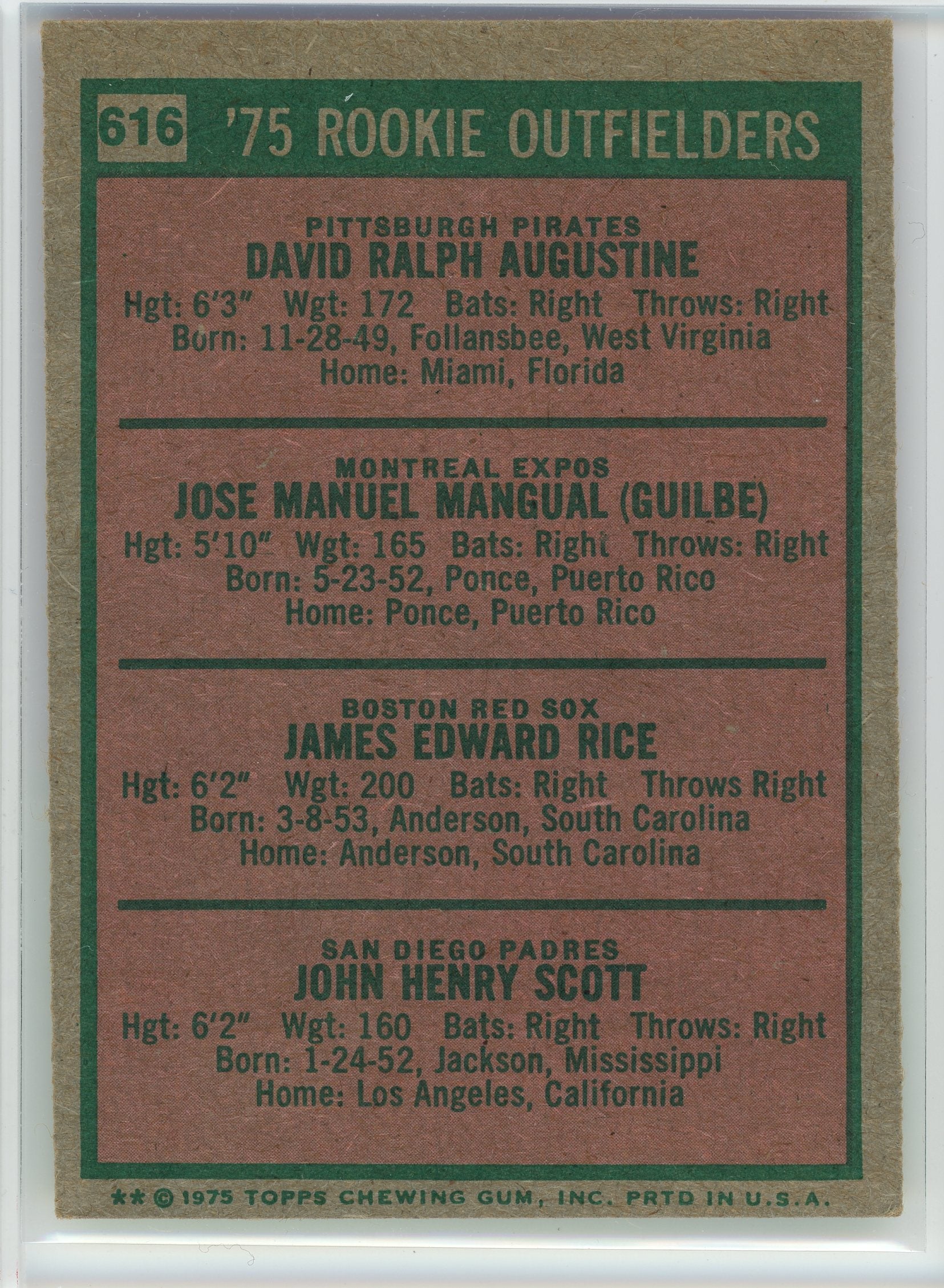 1975 Topps #616 1975 Rookie Outfielders (Dave Augustine / Pepe Mangual...)