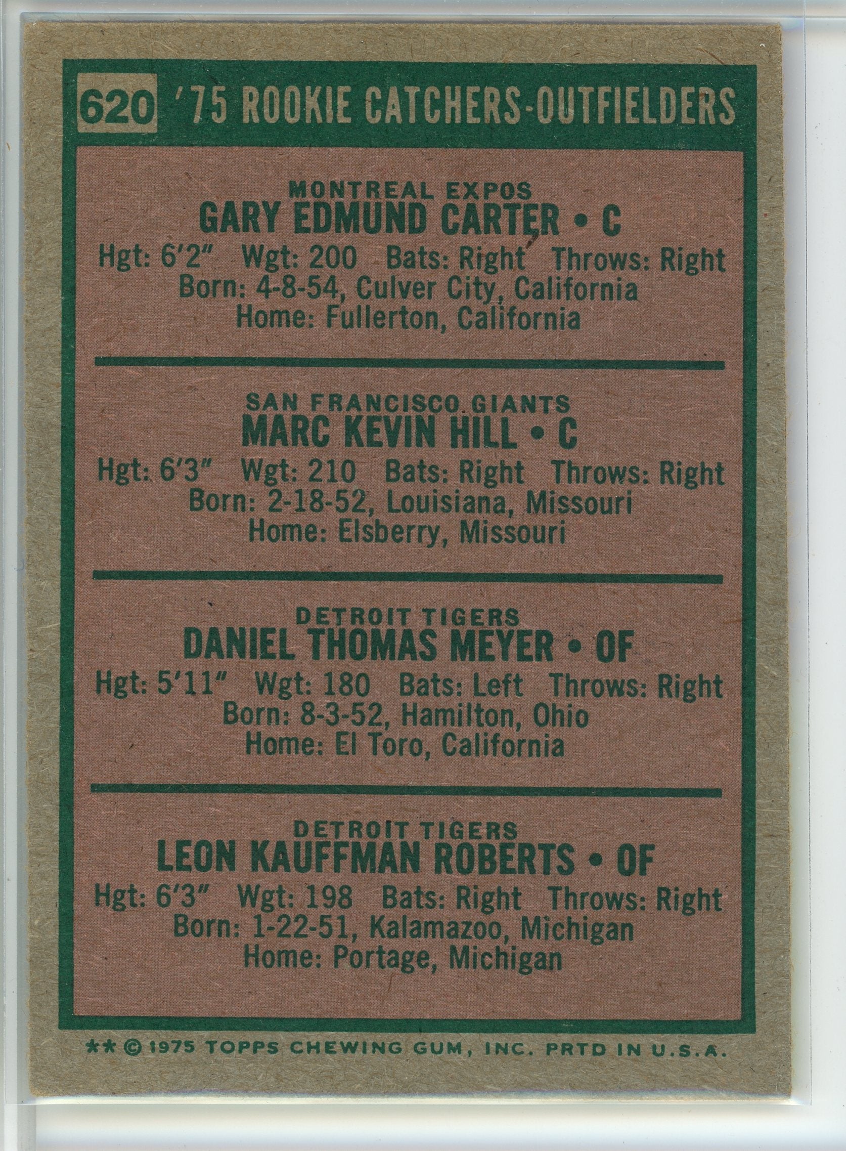1975 Topps #620 1975 Rookie Catchers-Outfielders (Gary Carter / Marc Hill...)