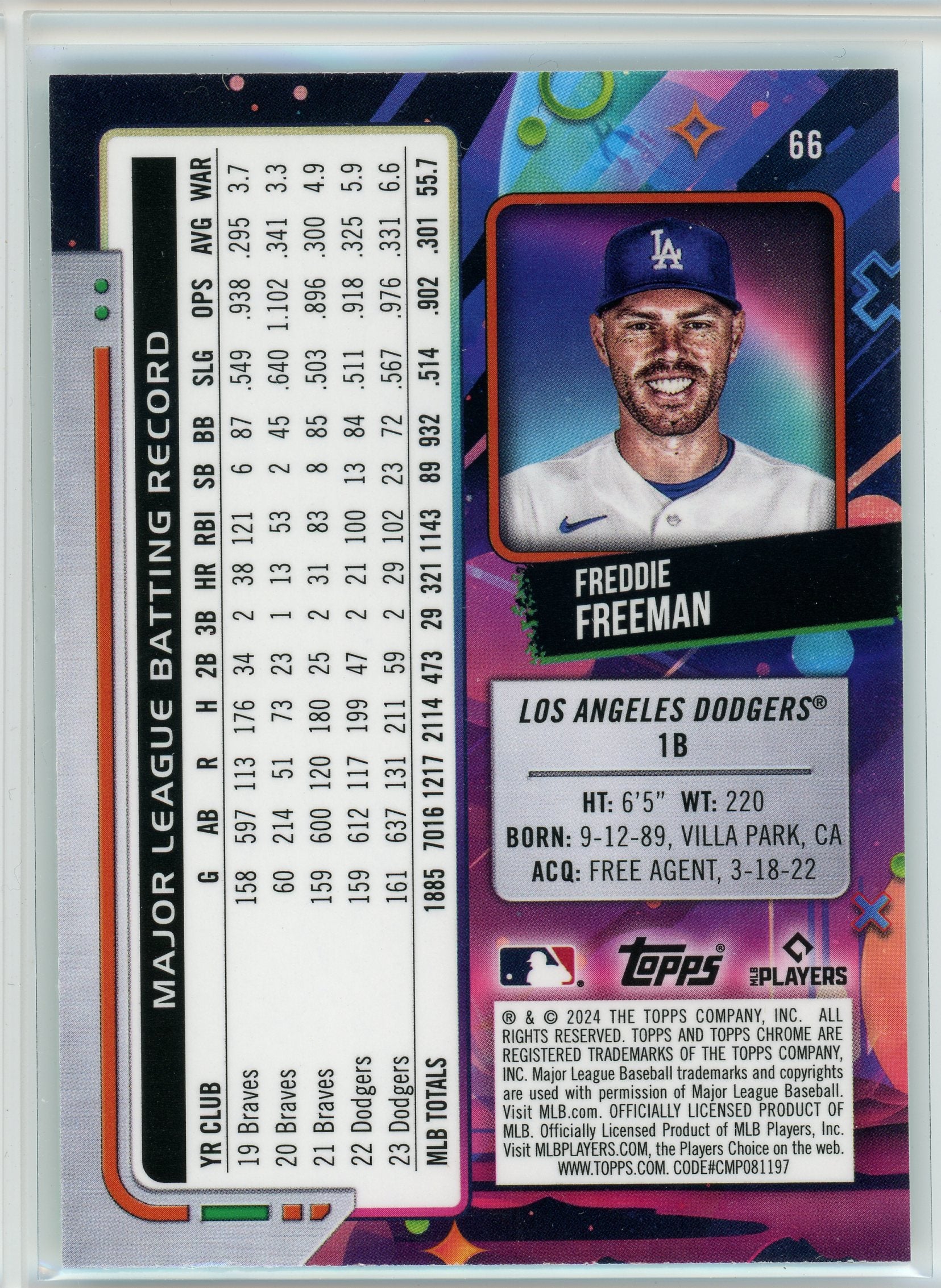 2024 Topps Chrome Cosmic #66 Freddie Freeman Aqua Equinox Refractors #/199