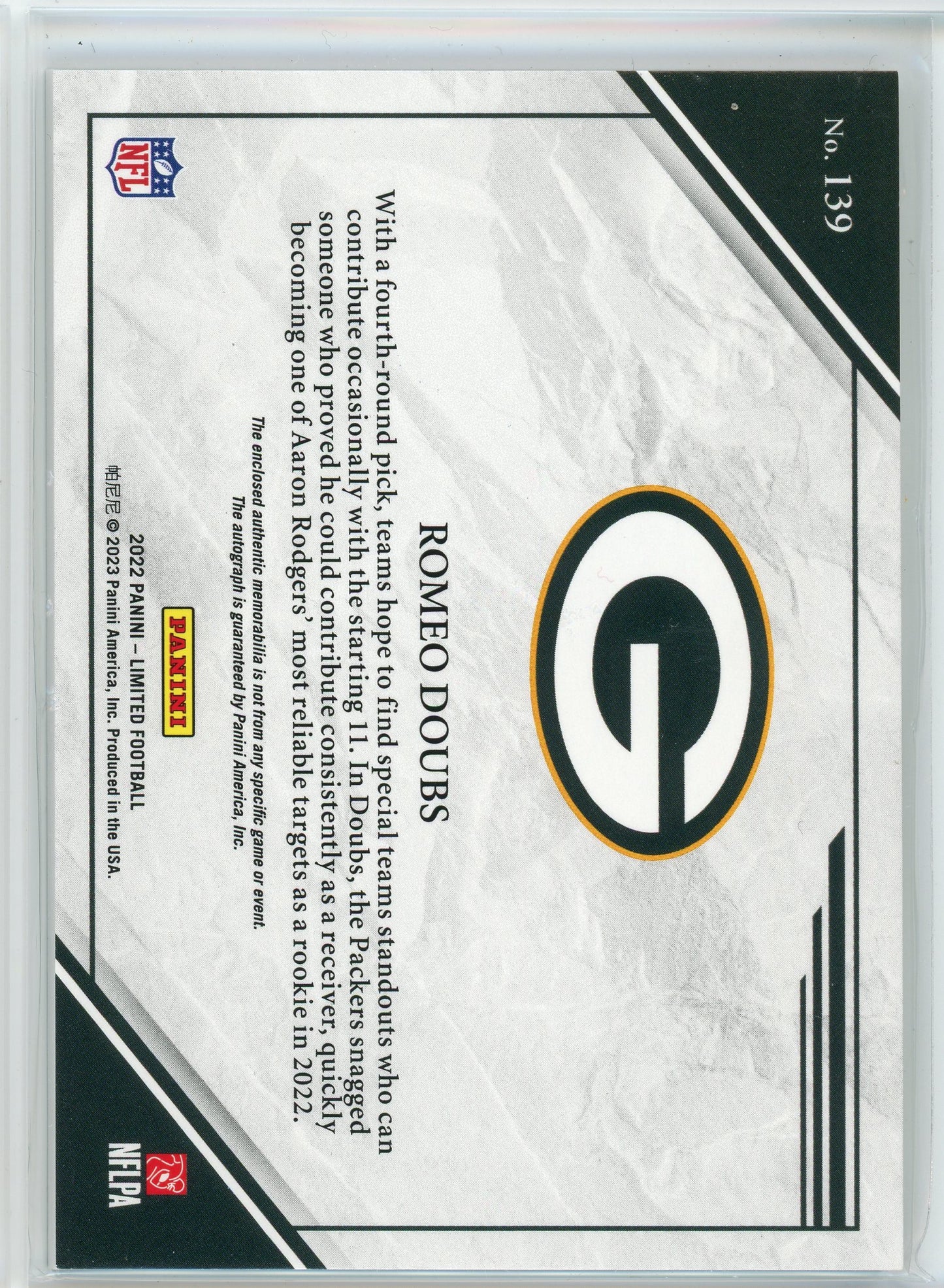 2022 panini Limited #139 Romeo Doubs Rookie Patch Auto /199