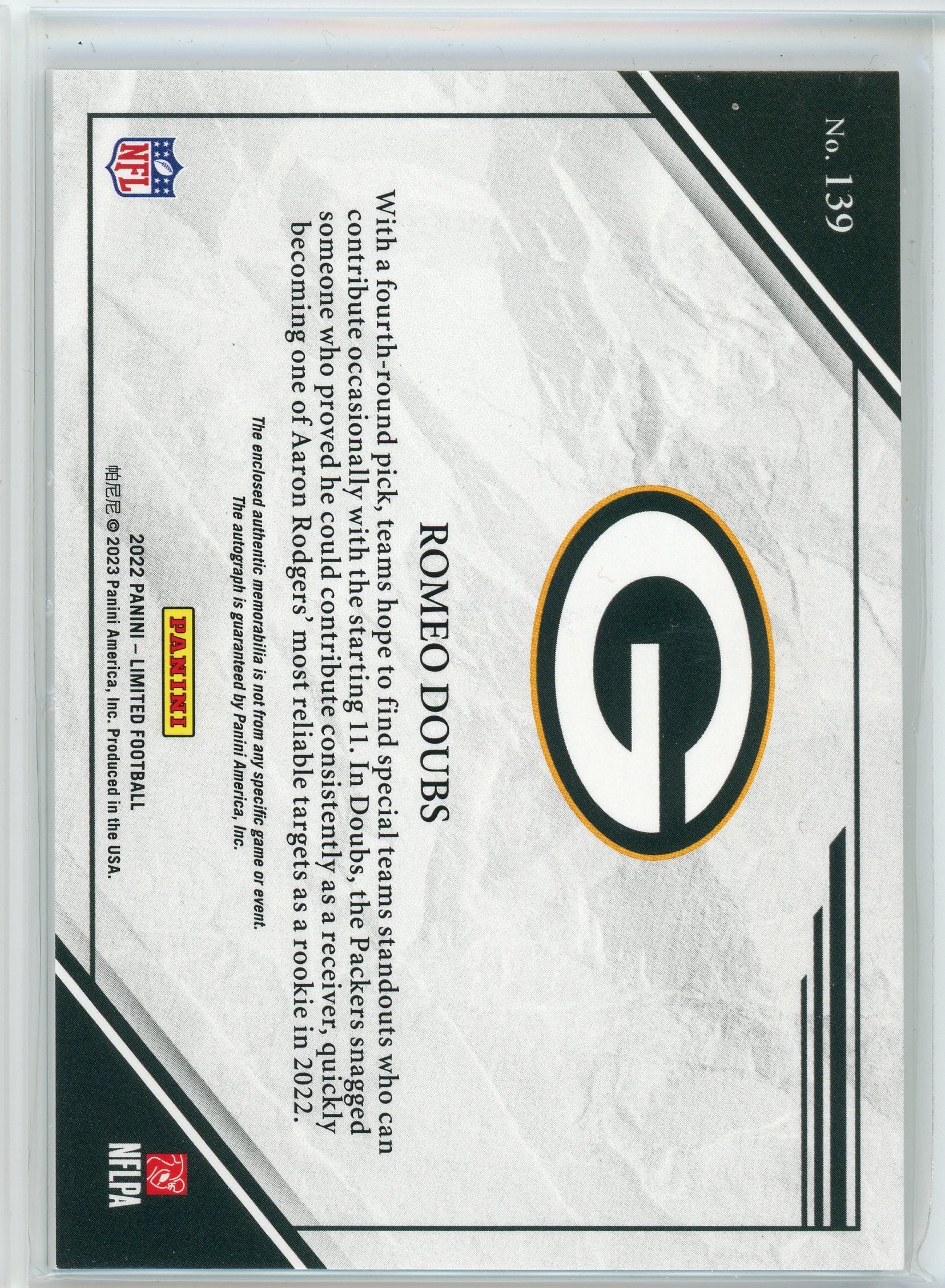 2022 panini Limited #139 Romeo Doubs Rookie Patch Auto /199