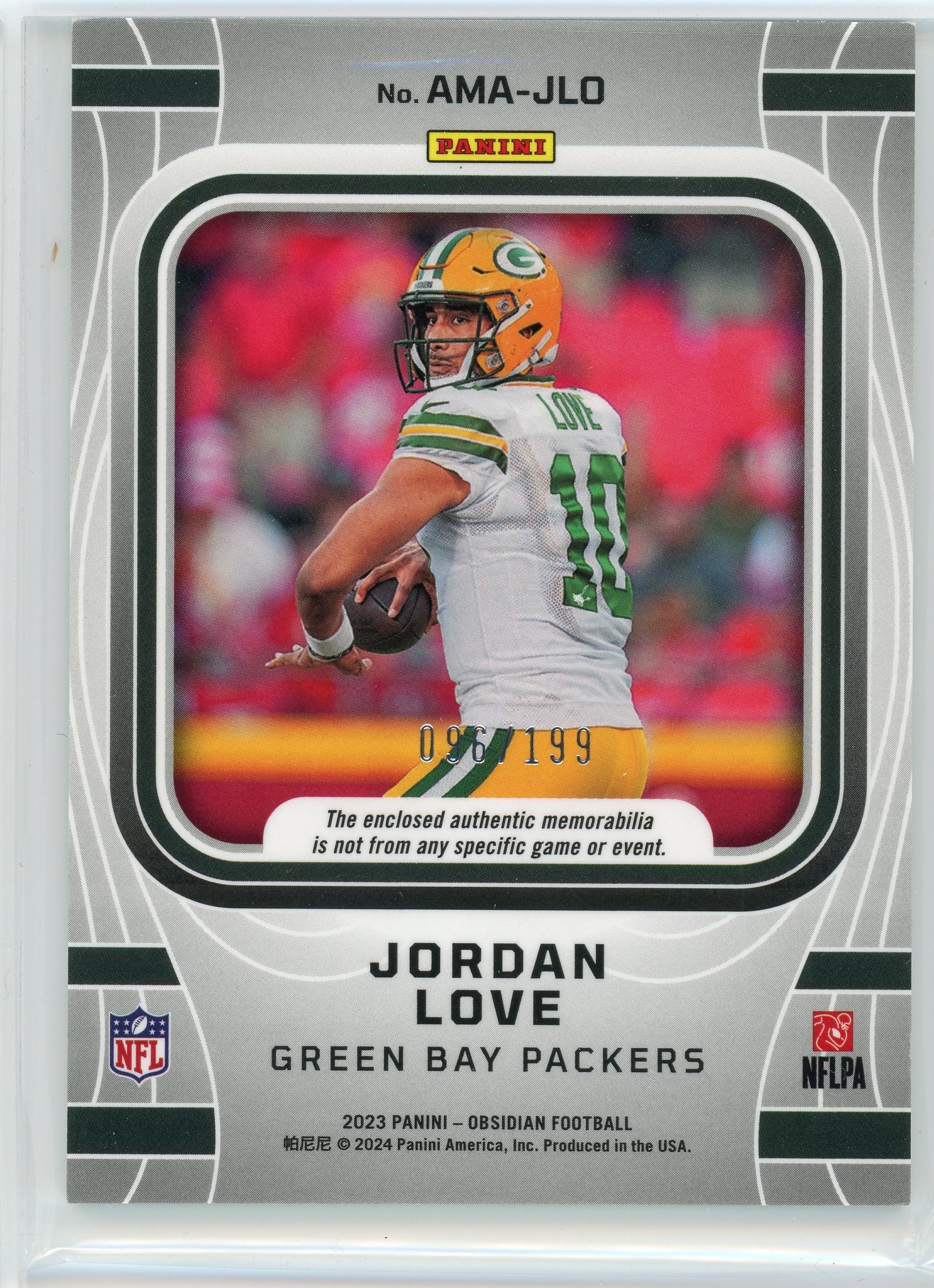 2023 Panini Obsidian #AMA-JLO Jordan Love Atomic Patch /199