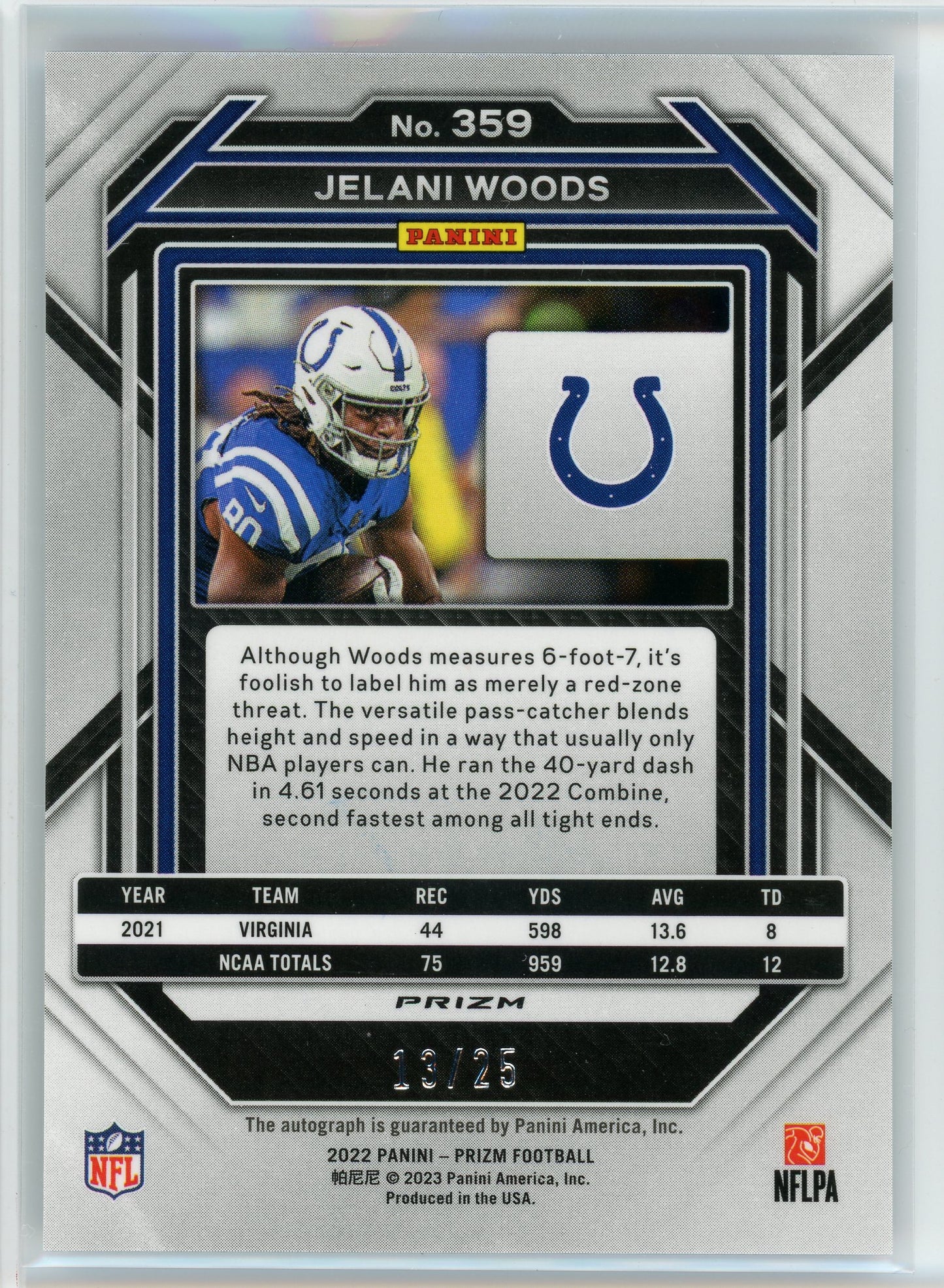2022 Panini #359 Jelani Woods Blue Shimmer Prizm Auto /25