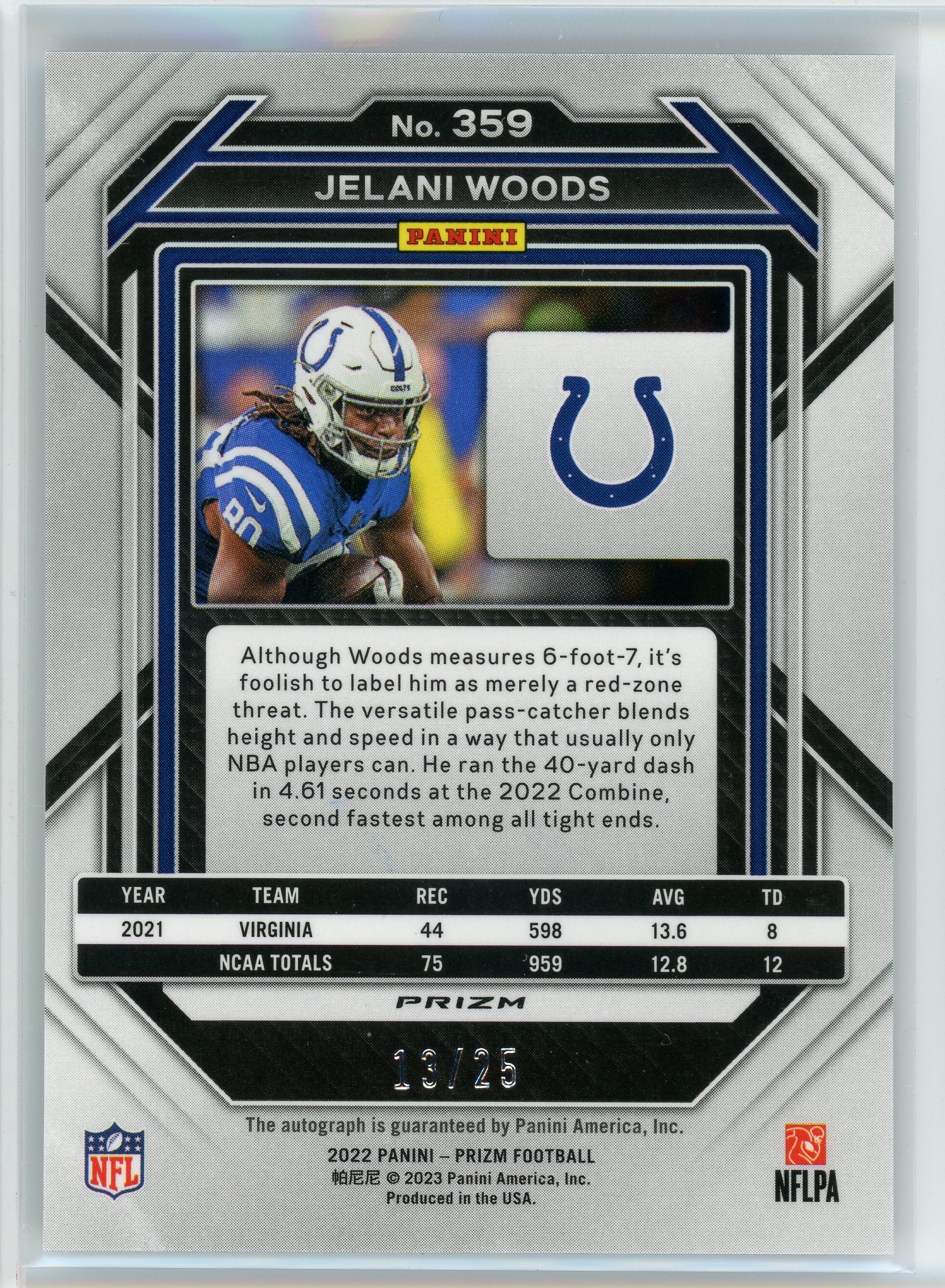 2022 Panini #359 Jelani Woods Blue Shimmer Prizm Auto /25