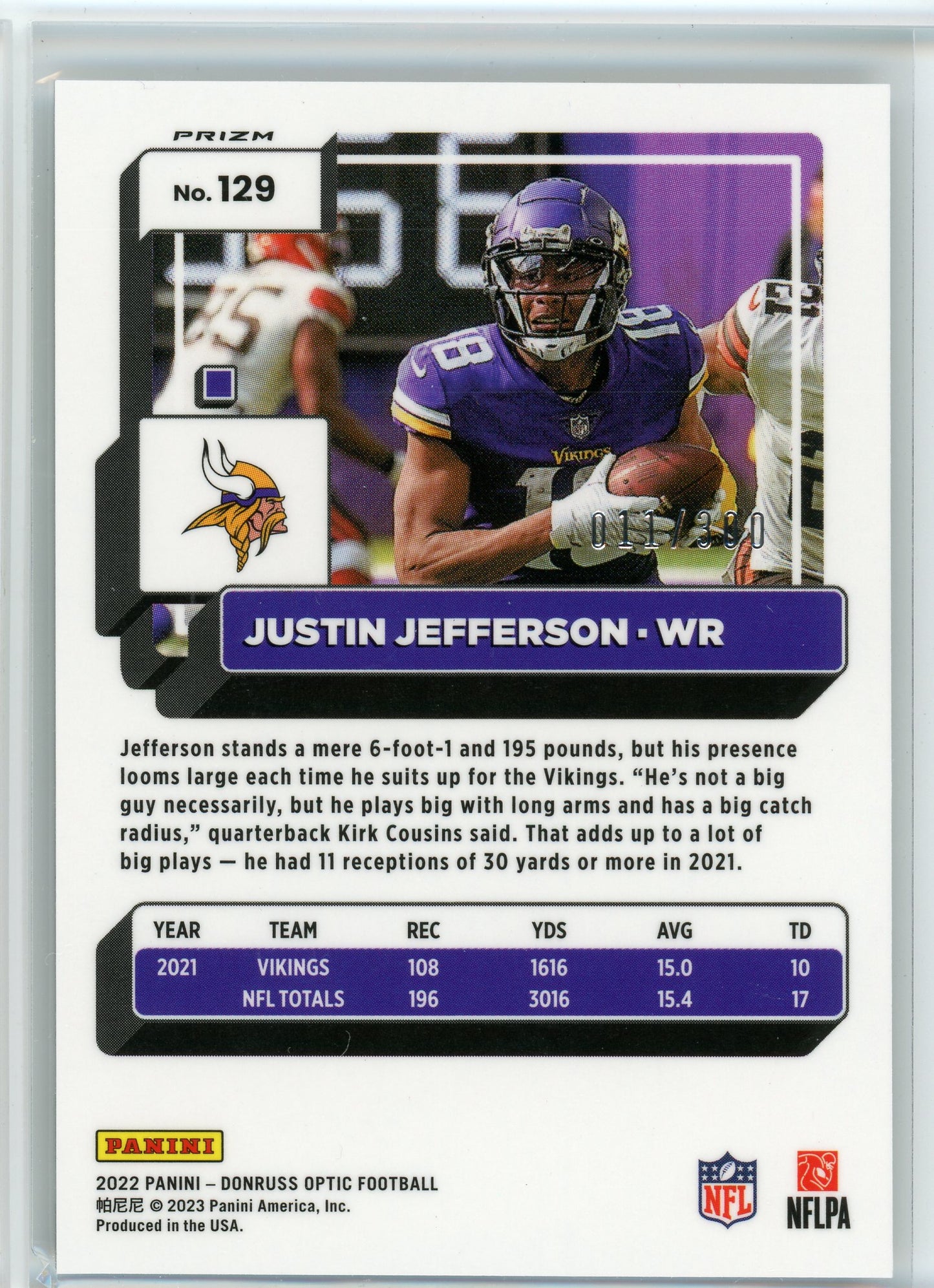 2022 Donruss Optic #129 Justin Jefferson Silver Wave Prizm /300