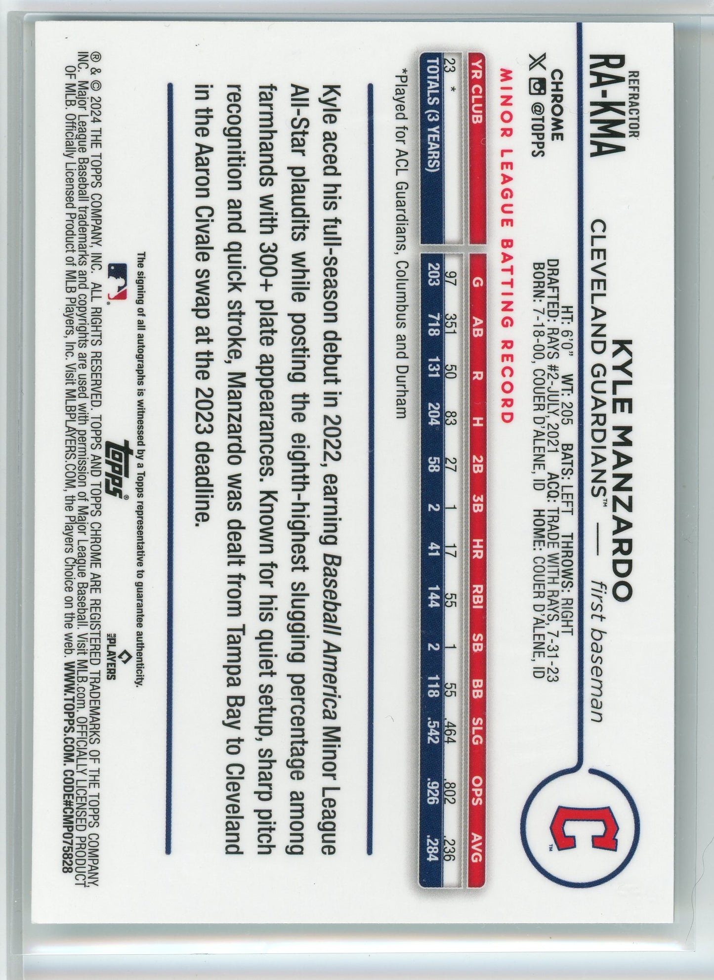 2024 Topps Chrome Update #RA-KMA Kyle Manzardo Auto /499