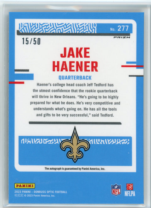 2023 Donruss Optic #277 Jake Haener Purple Stars Prizm /50