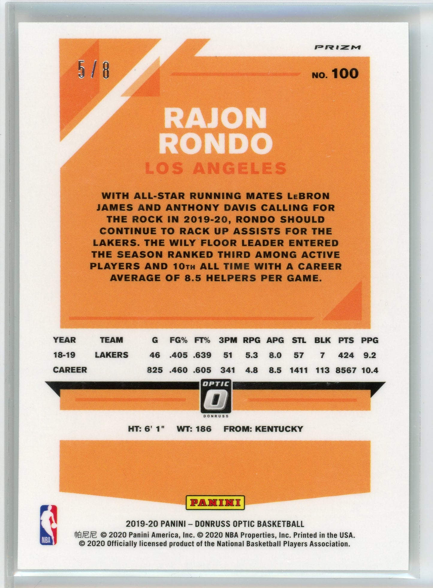 2019-20 Donruss Optic #100 Rajon Rondo Hyper Prizm
