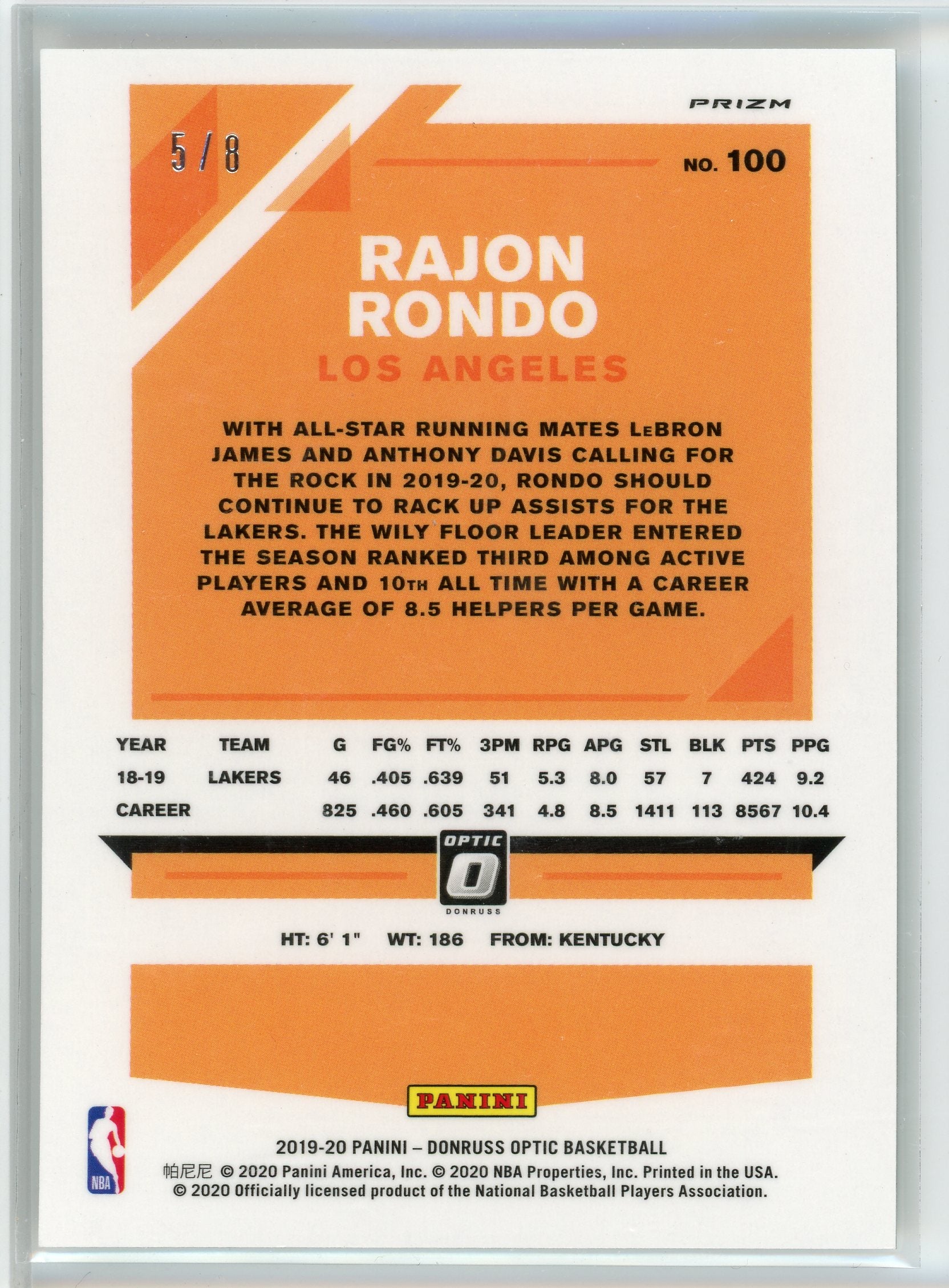 2019-20 Donruss Optic #100 Rajon Rondo Hyper Prizm