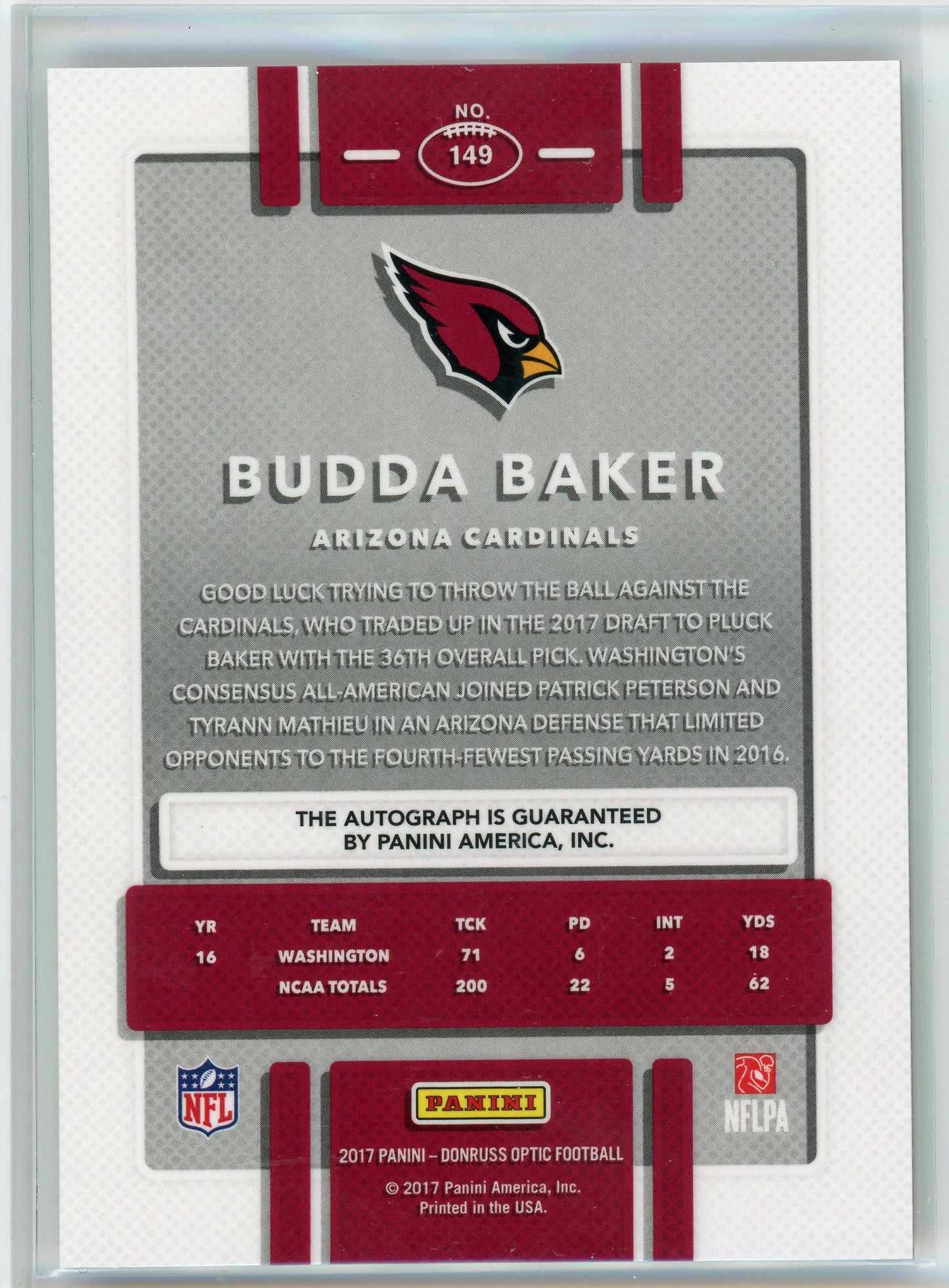 2017 Donruss #149 Budda Baker Bronze Prizm Rookie Auto