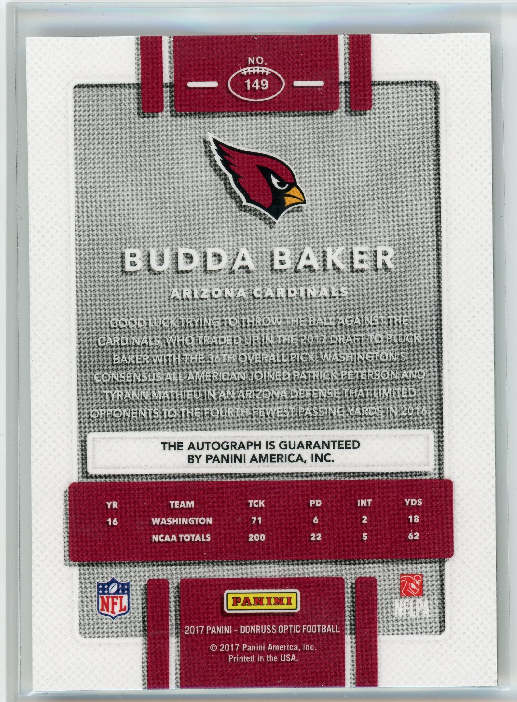 2017 Donruss #149 Budda Baker Bronze Prizm Rookie Auto