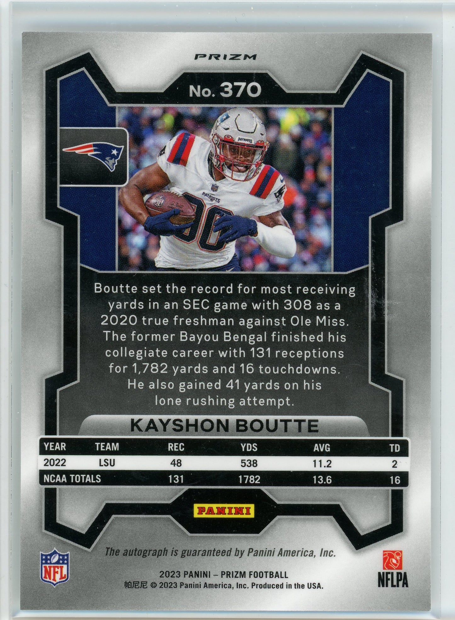 2023 panini Prizm #370 Kayshon Boutte No Huddle Prizm Rookie Auto