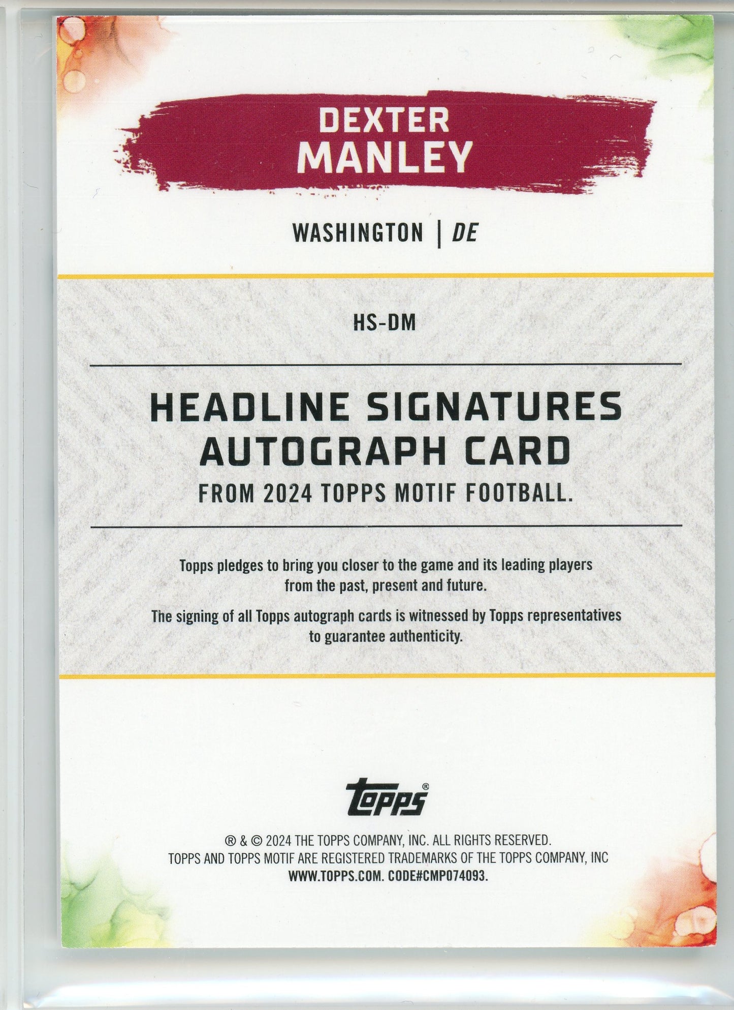 2024 Topps Motif #HS-DM Dexter Manley Headline Signature Ultramarine Blue /20
