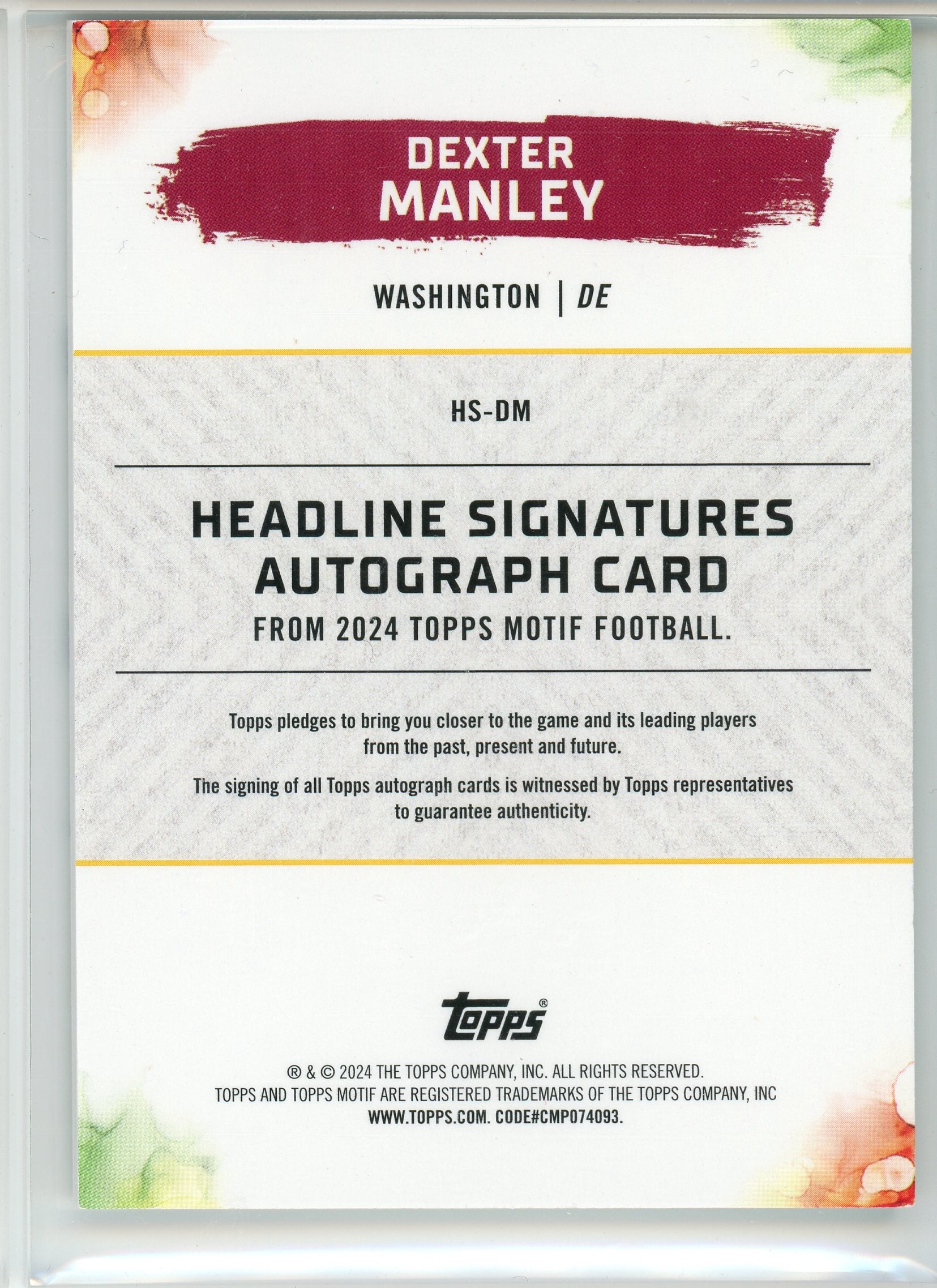 2024 Topps Motif #HS-DM Dexter Manley Headline Signature Ultramarine Blue /20