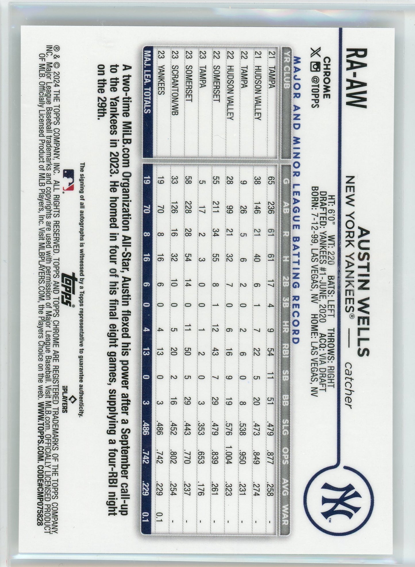 2024 Topps Chrome #RA-AW Austin Wells Rookie Autographs