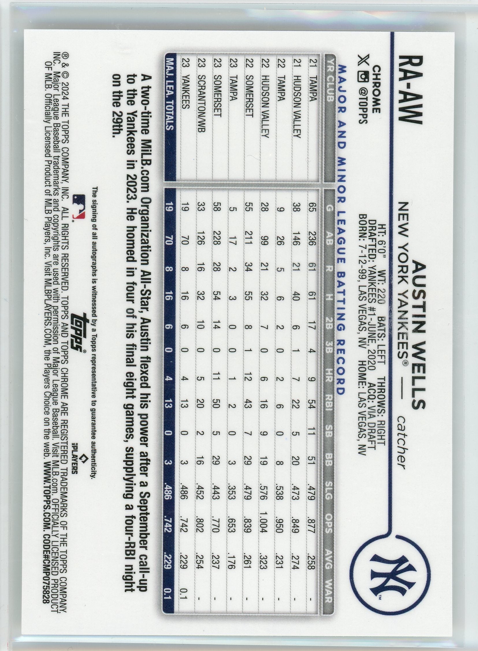2024 Topps Chrome #RA-AW Austin Wells Rookie Autographs