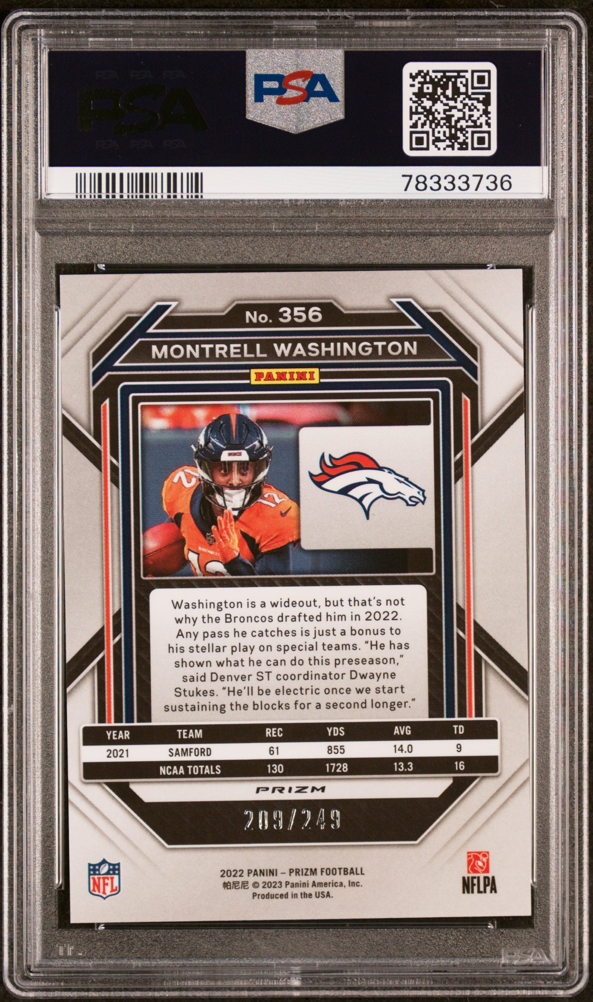 2022 PANINI PRIZM MONTRELL WASHINGTON #356 ORANGE PRIZM PSA 10