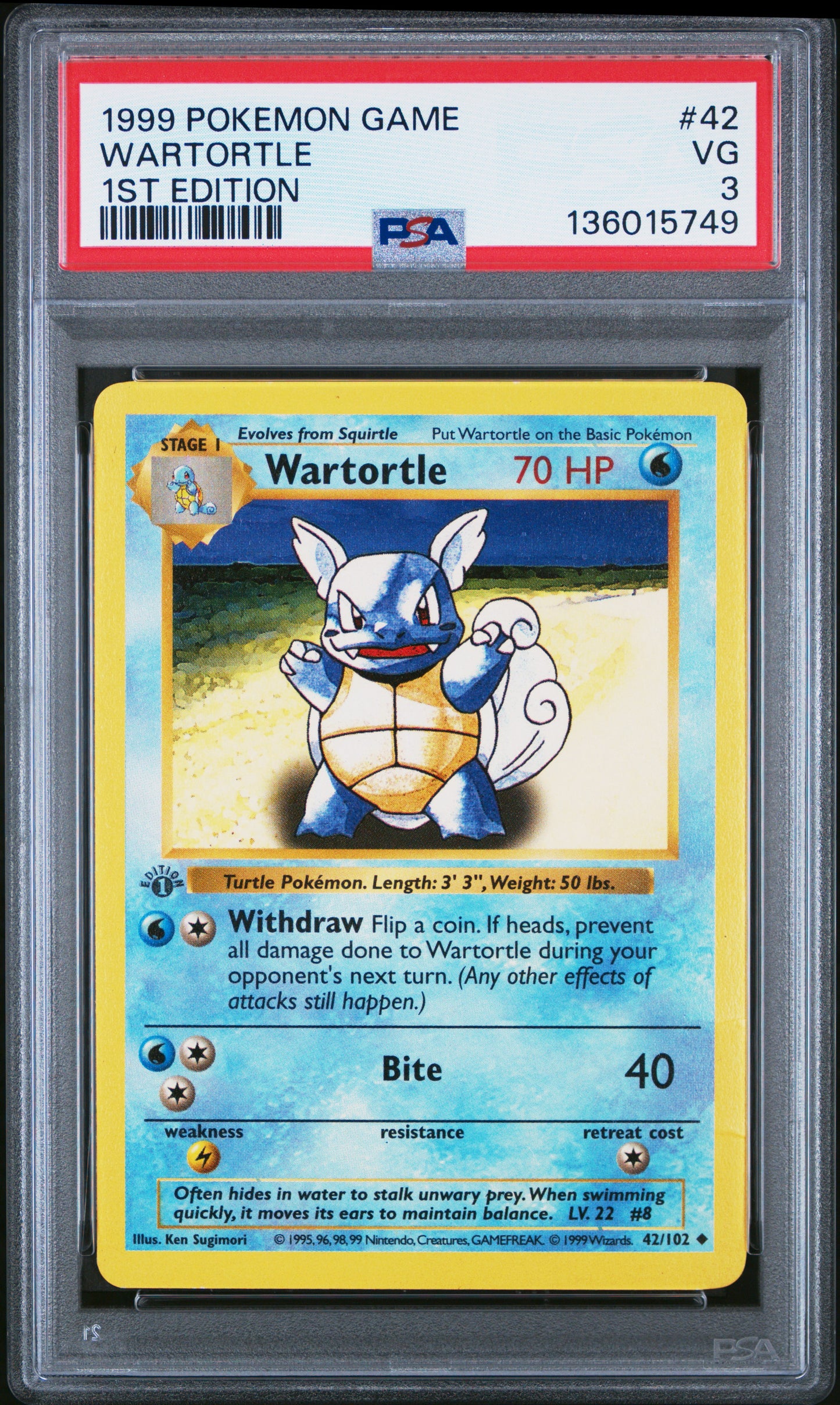 1999 POKEMON GAME WARTORTLE #42 1ST EDITION PSA 3