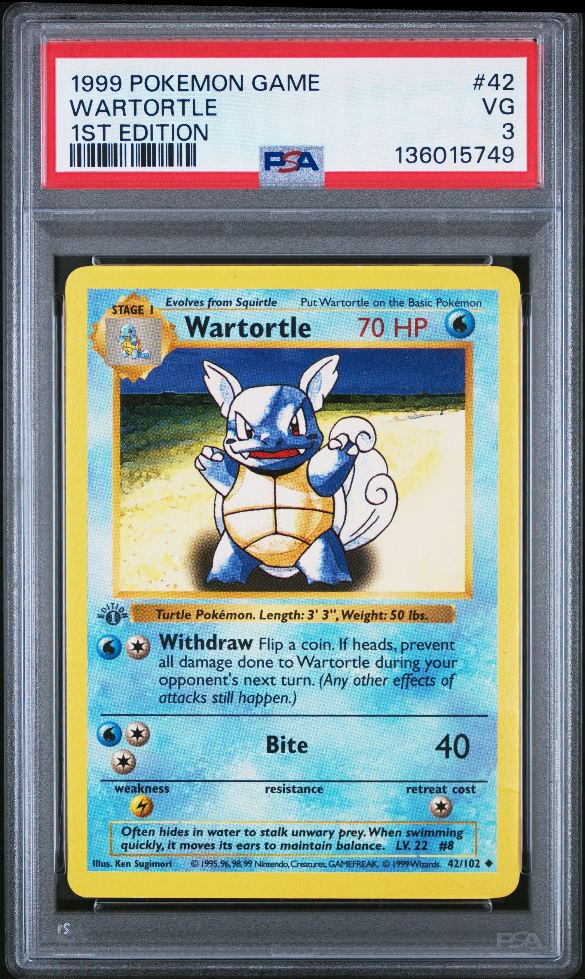 1999 POKEMON GAME WARTORTLE #42 1ST EDITION PSA 3