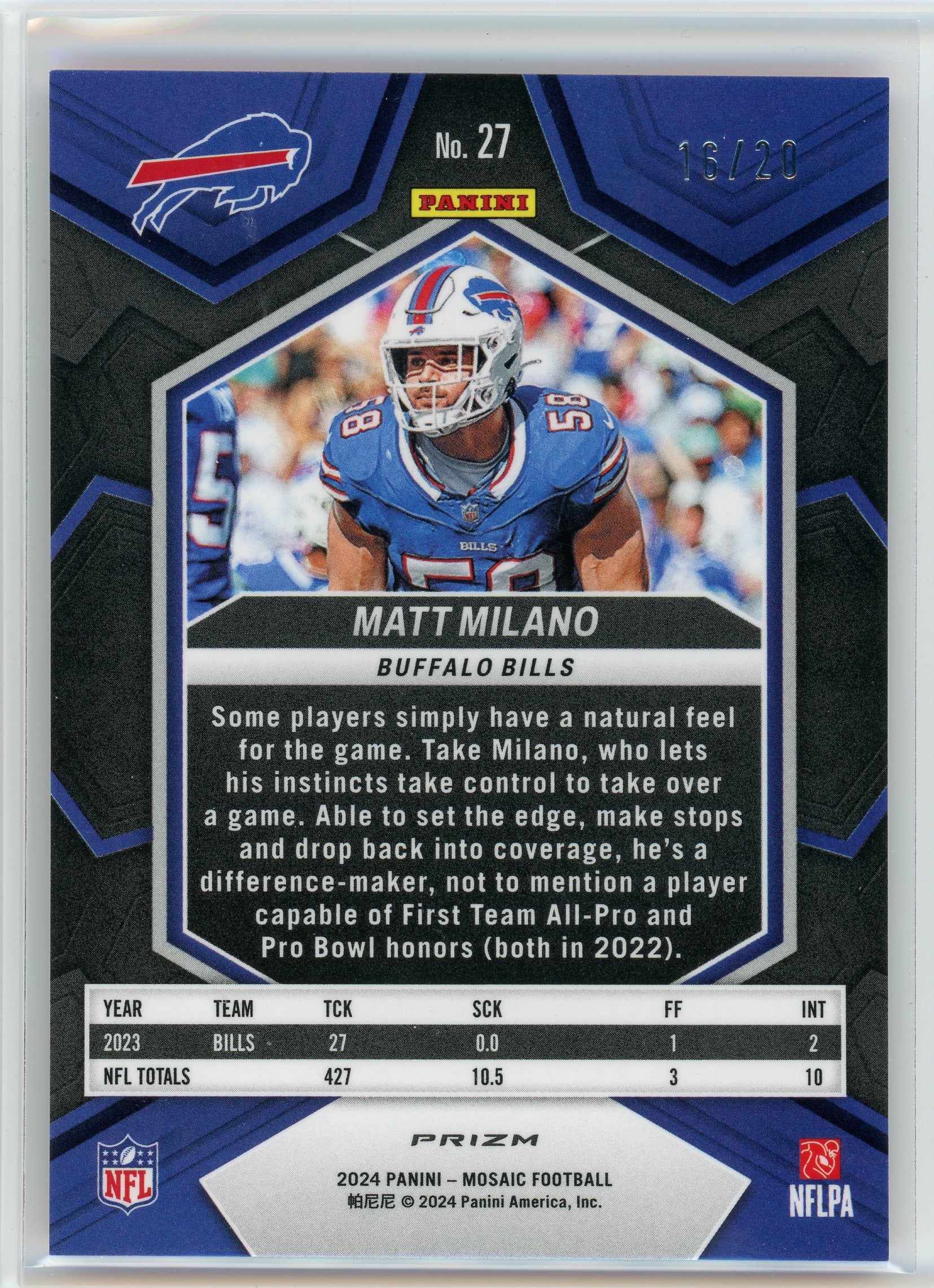 2023 Panini Mosaic #27 Matt Milano Pink No Huddle Prizm /20
