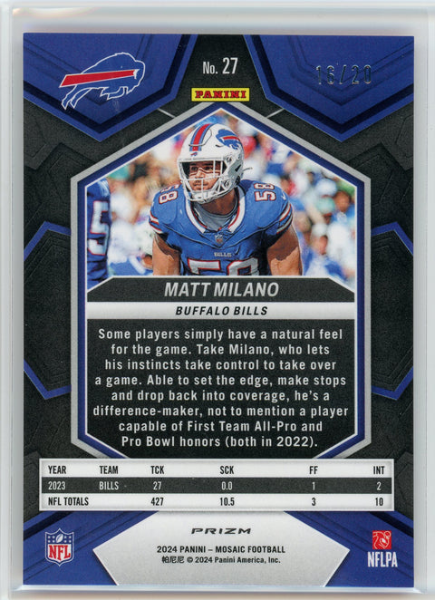 2023 Panini Mosaic #27 Matt Milano Pink No Huddle Prizm /20
