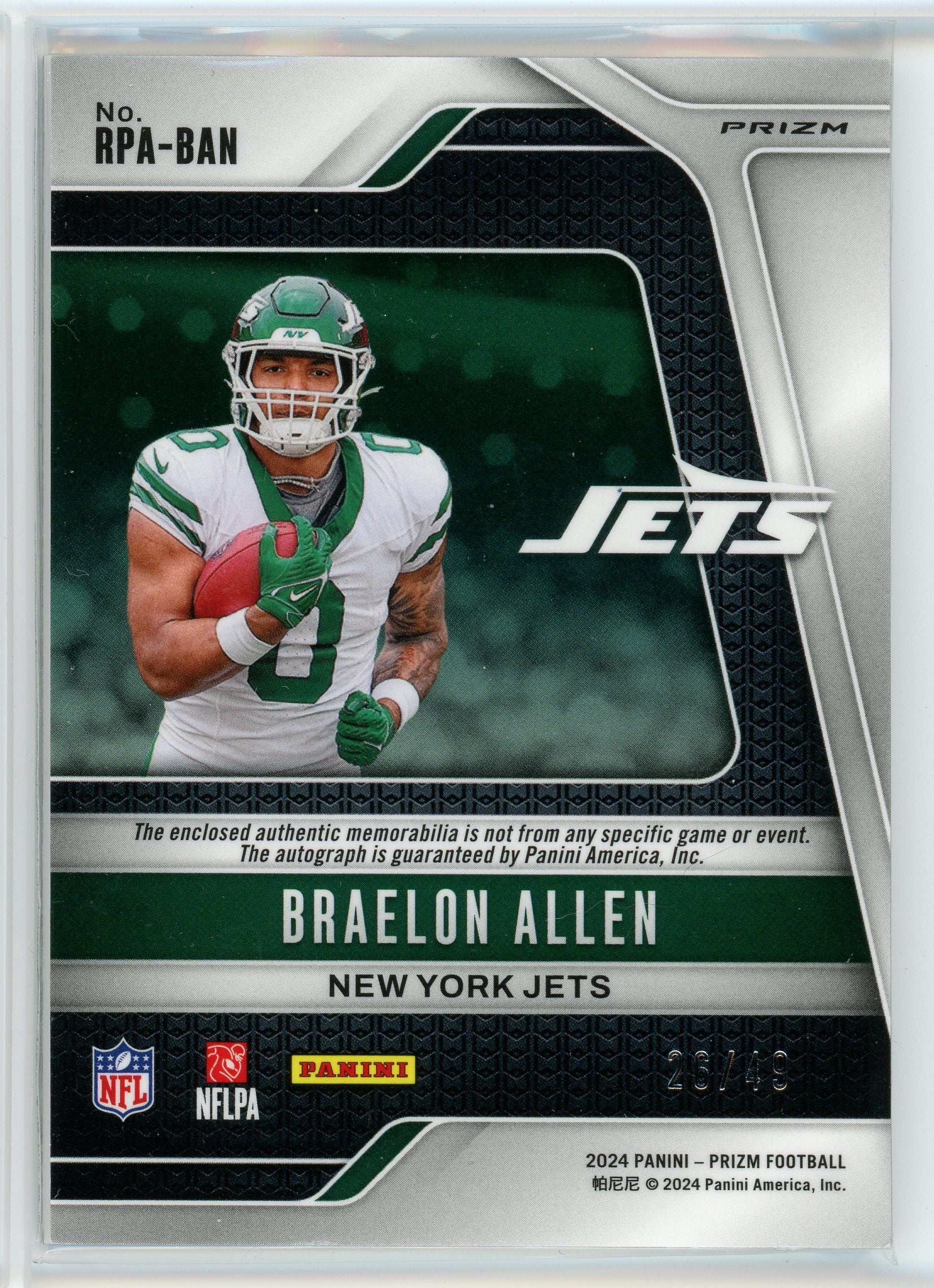 2024 Panini Prizm #RPA-BAN Braelon Allen Purple Checker Rookie Patch Auto /49