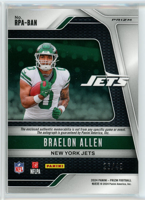 2024 Panini Prizm #RPA-BAN Braelon Allen Purple Checker Rookie Patch Auto /49