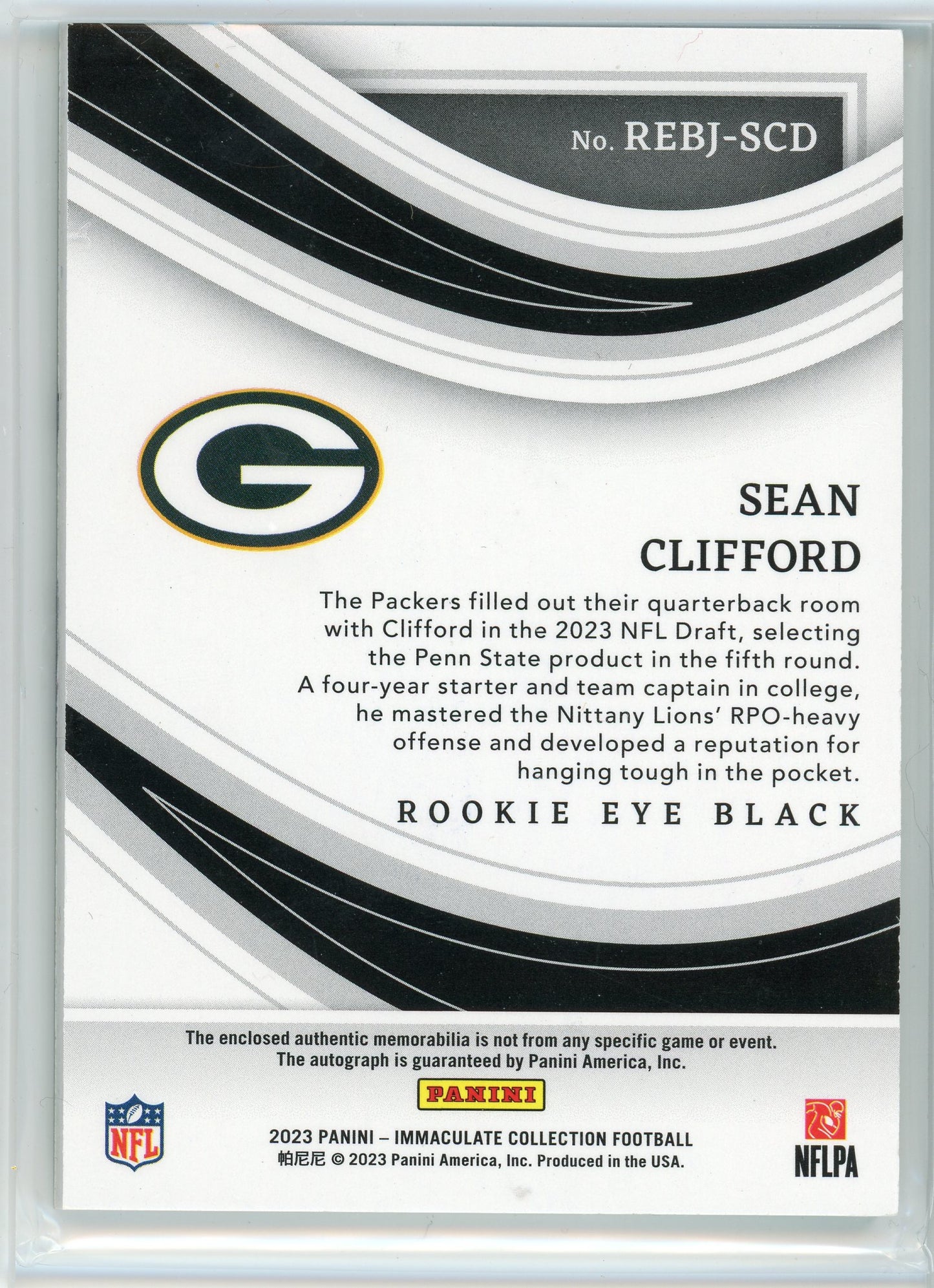 2023 Panini Immaculate #REBJ-SCD Sean Clifford Rookie Eye Black Jersey /99