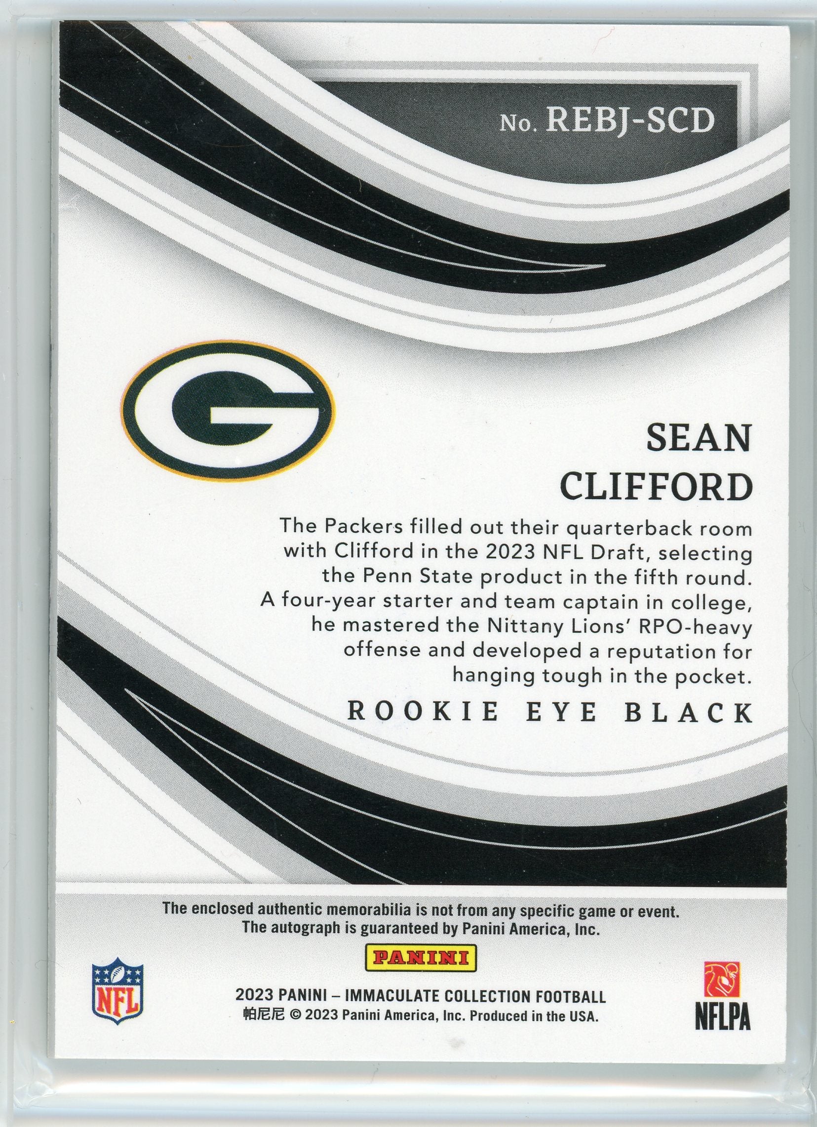 2023 Panini Immaculate #REBJ-SCD Sean Clifford Rookie Eye Black Jersey /99