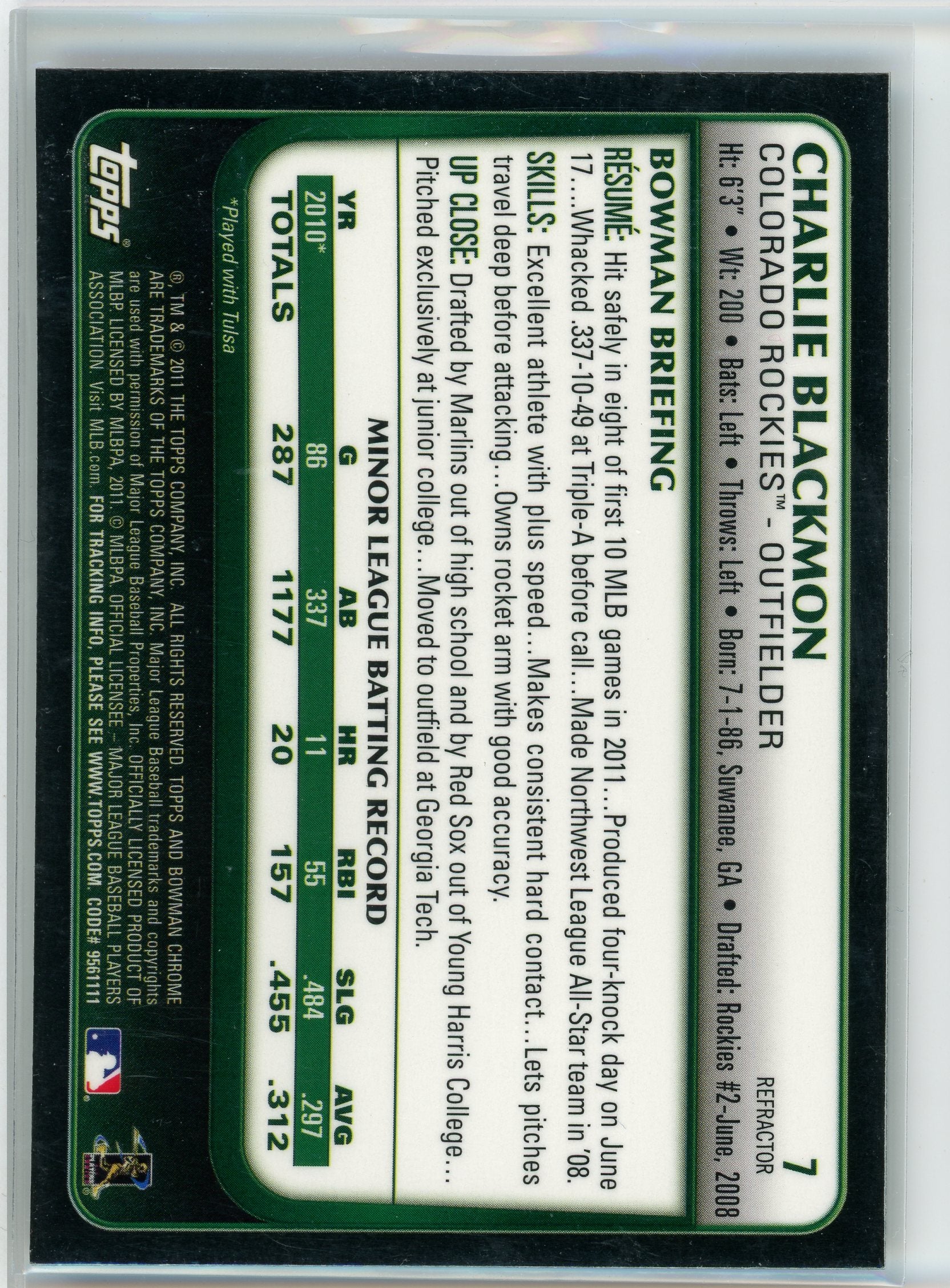 2011 Bowman Draft Picks & Prospects #7 Charlie Blackmon Chrome Refractors