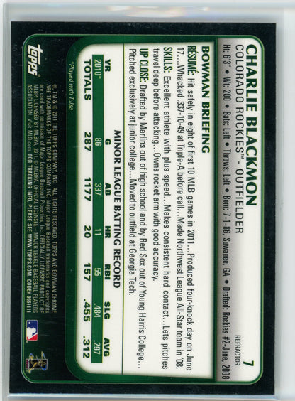 2011 Bowman Draft Picks & Prospects #7 Charlie Blackmon Chrome Refractors