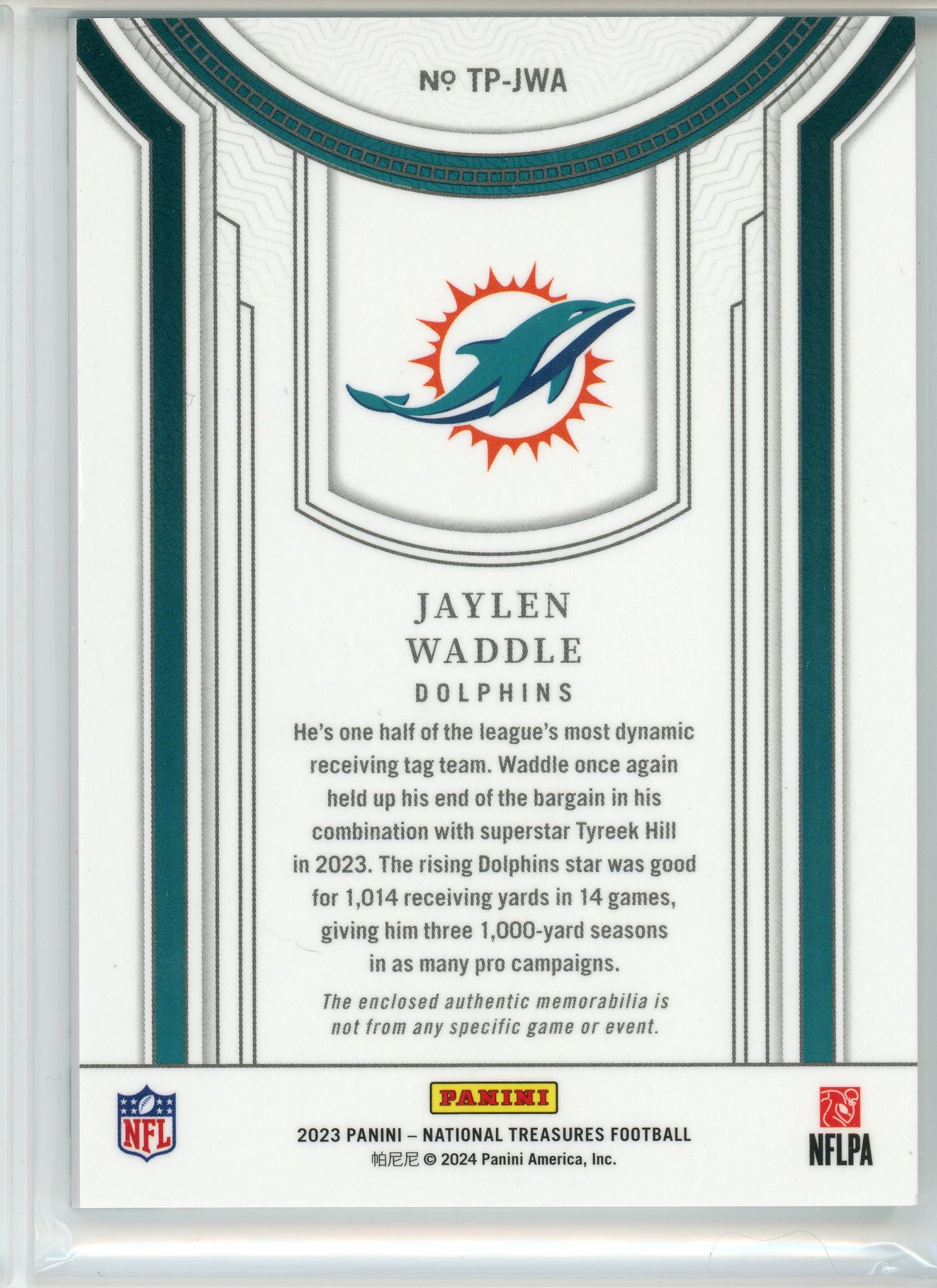 2023 Panini National Treasures #TP-JWA Jaylen Waddle Treasured Patches /49