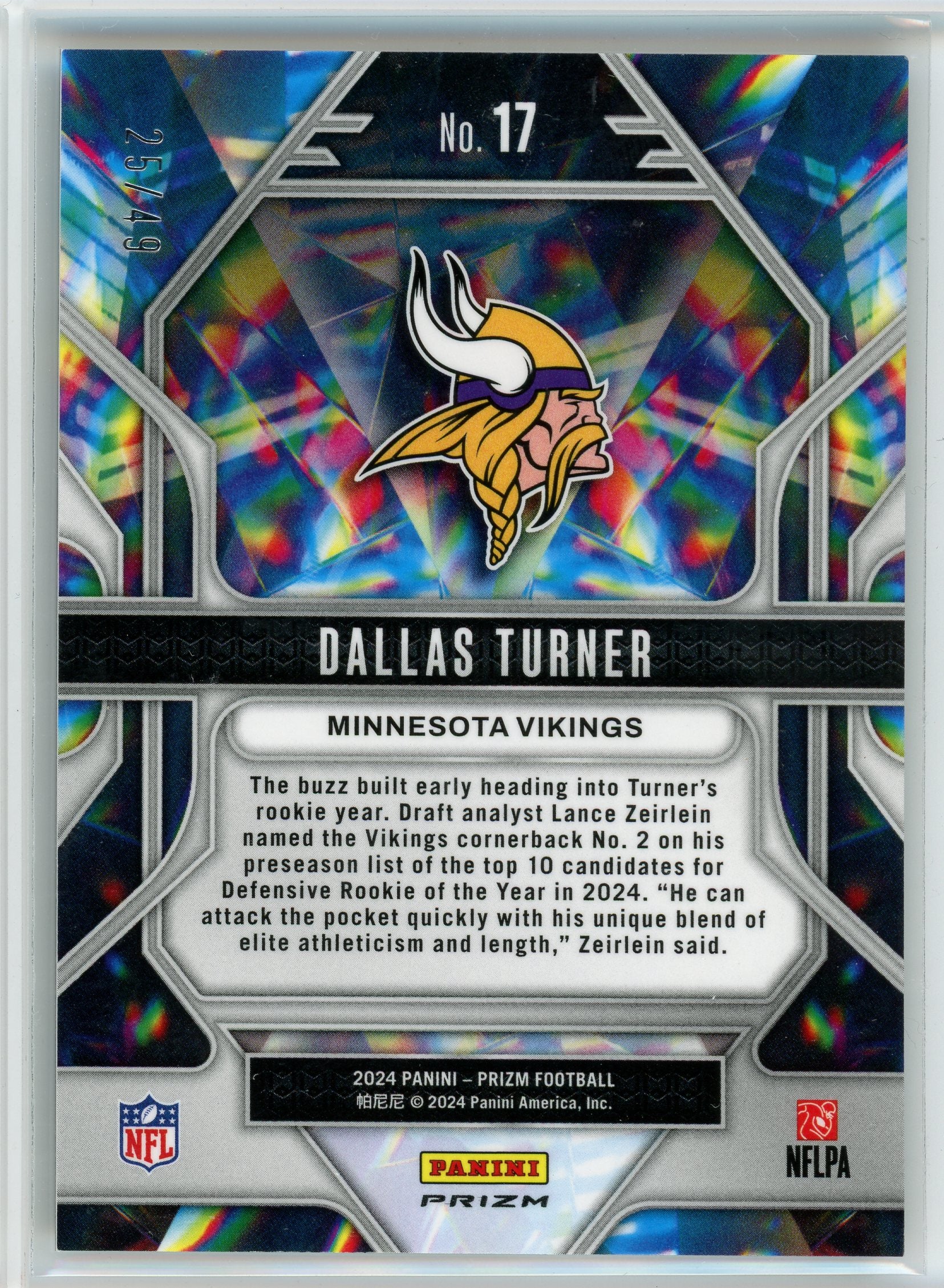 2024 Panini Prizm #17 Dallas Turner Prizmatic Purple Power /49