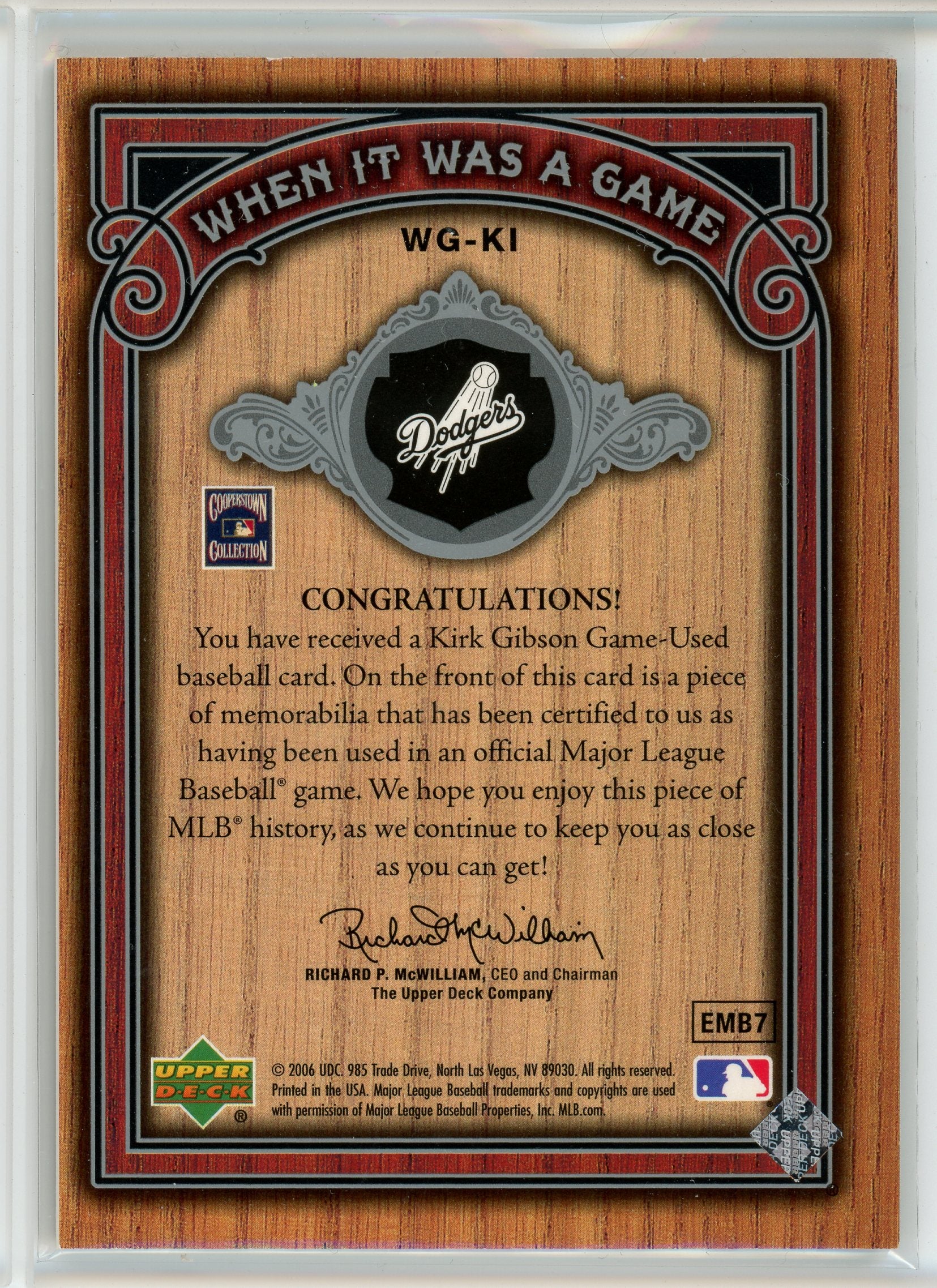 2006 Upper Deck #WG-KI Kirk Gibson When It Was A Game Patch