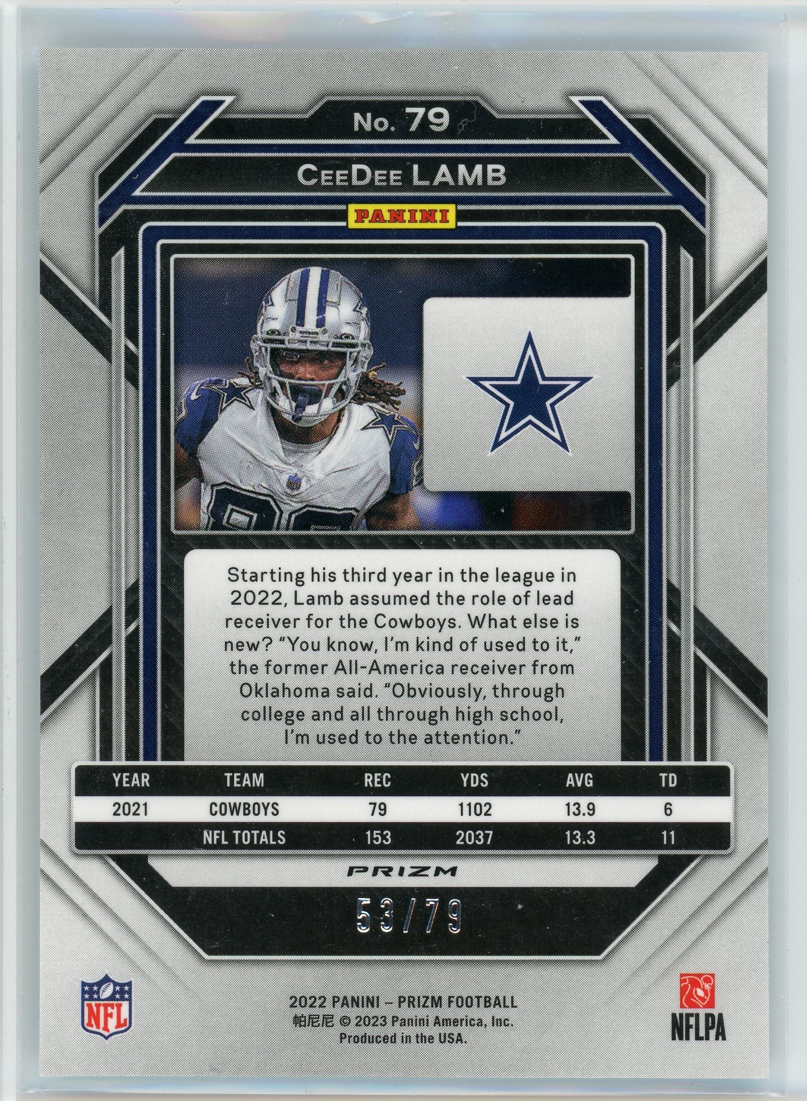 2022 Panini Prizm #79 CeeDee Lamb Blue No Huddle Prizm