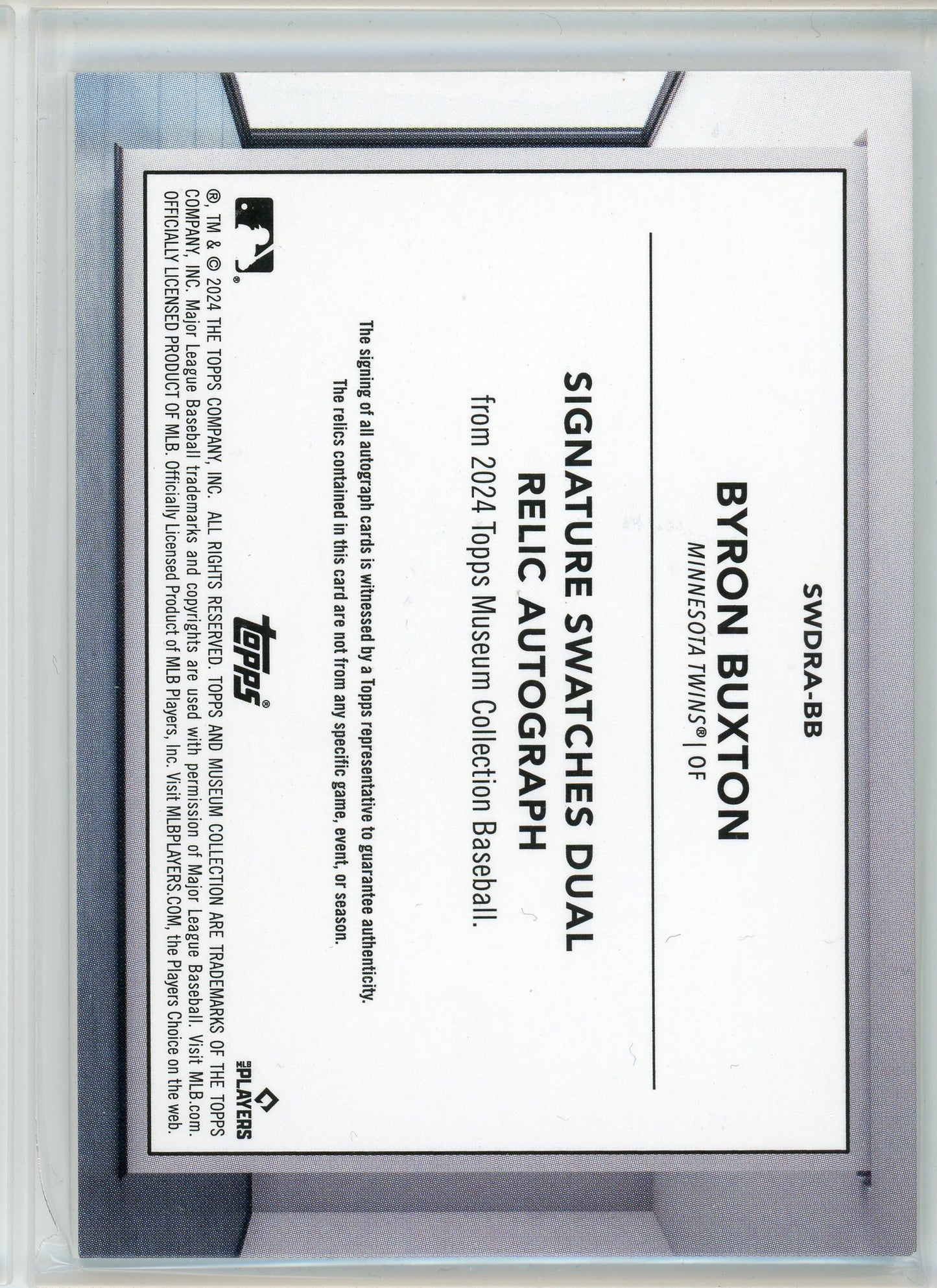 2024 Topps Museum #SWDRA-BB Byron Buxton Signature Swatches Dual Relic Auto /299