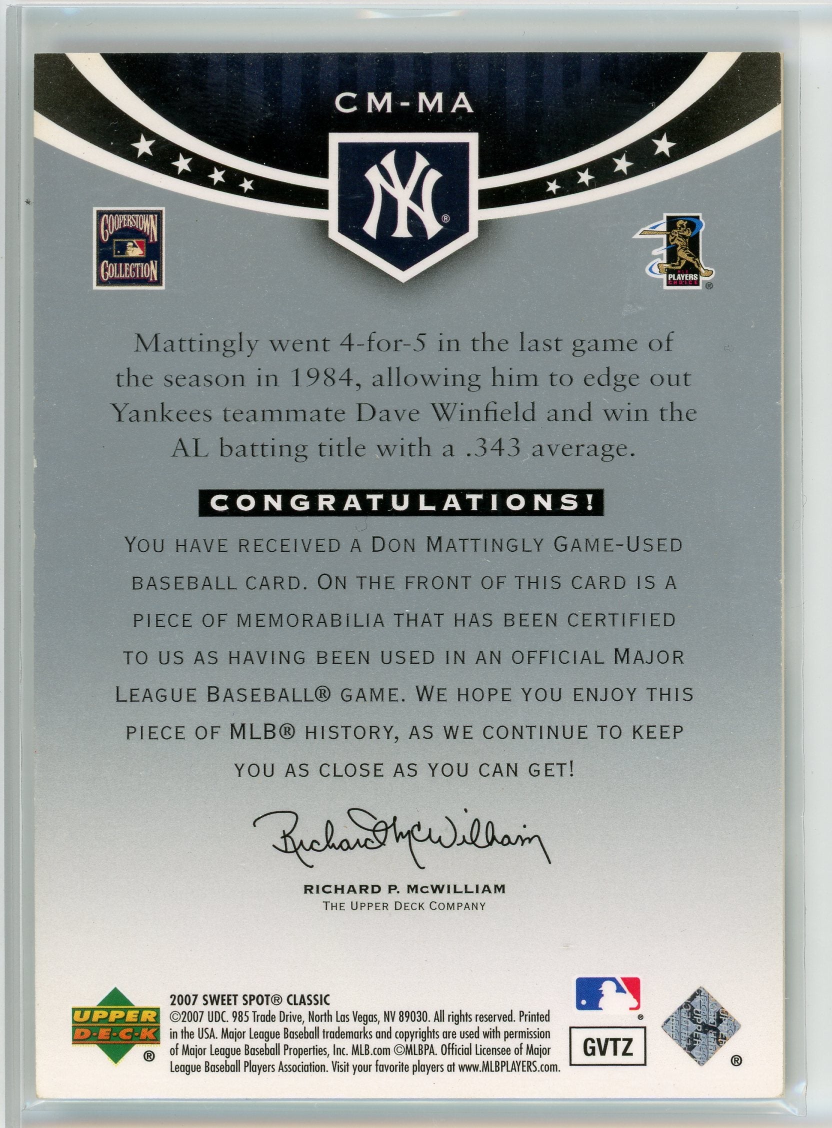 2007 Upper Deck Sweet Spot Classic #CM-MA Don Mattingly Classic Memorabilia