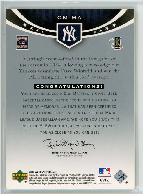 2007 Upper Deck Sweet Spot Classic #CM-MA Don Mattingly Classic Memorabilia