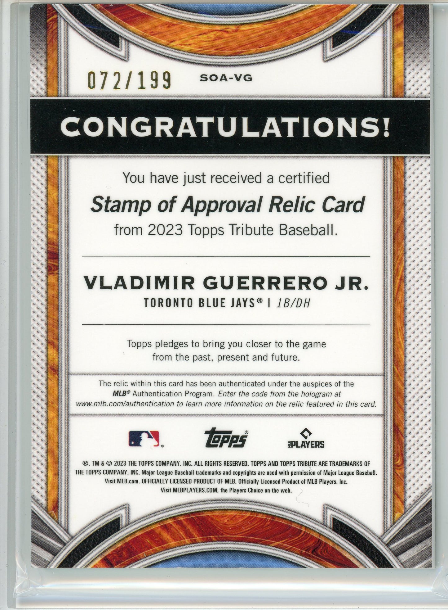 2023 Topps Tribute #SOA-VG Vladimir Guerrero Jr. Stmap Of Approval Patch /199