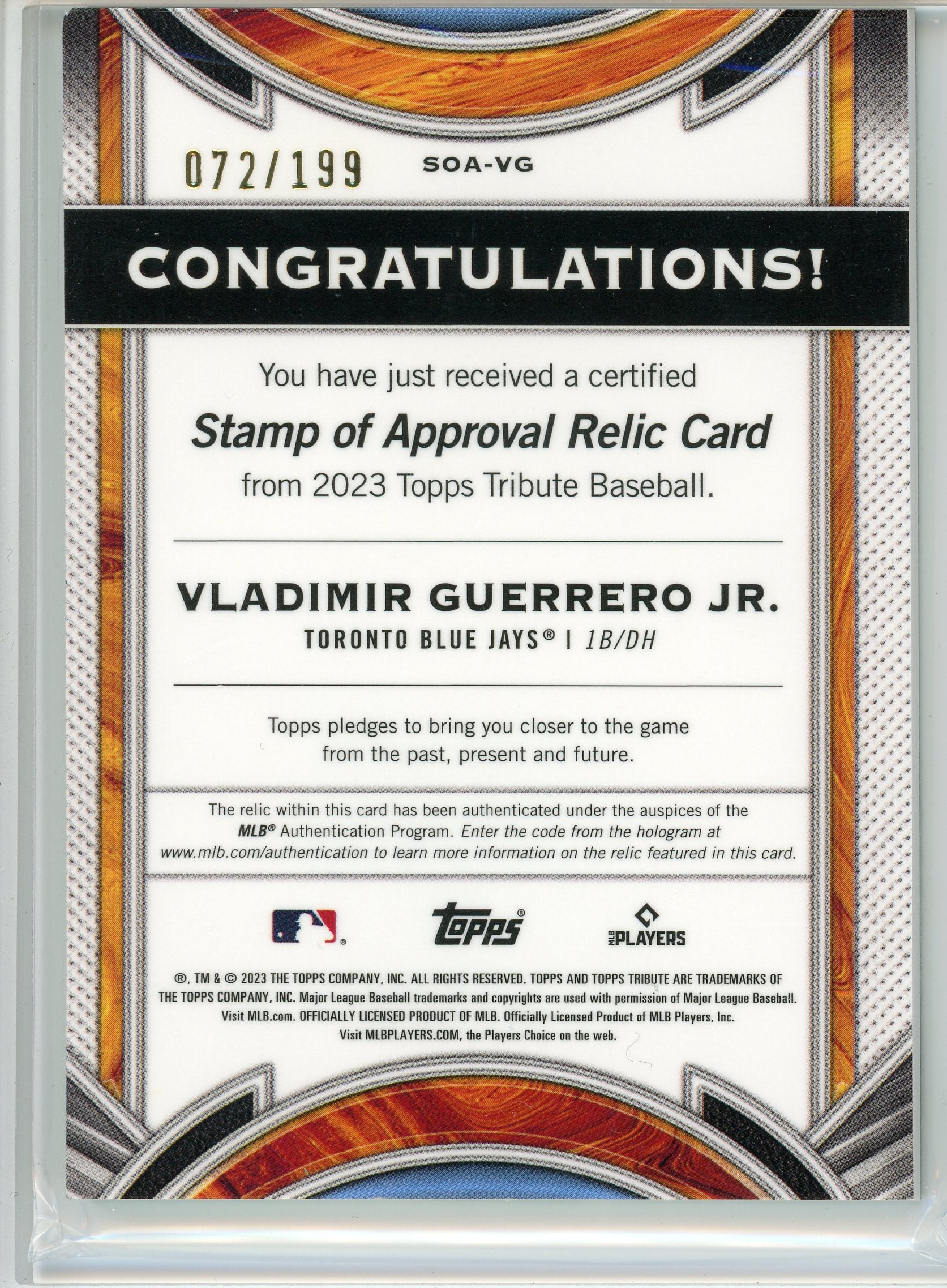 2023 Topps Tribute #SOA-VG Vladimir Guerrero Jr. Stmap Of Approval Patch /199