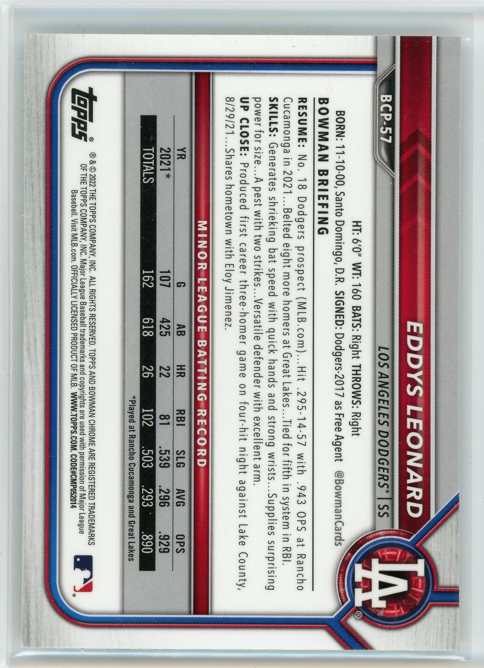 2022 Bowman #BCP-57 Eddys Leonard Chrome Prospects Mojo Refractor