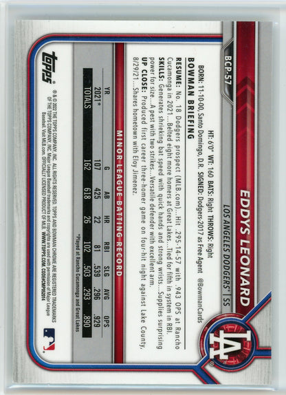 2022 Bowman #BCP-57 Eddys Leonard Chrome Prospects Mojo Refractor
