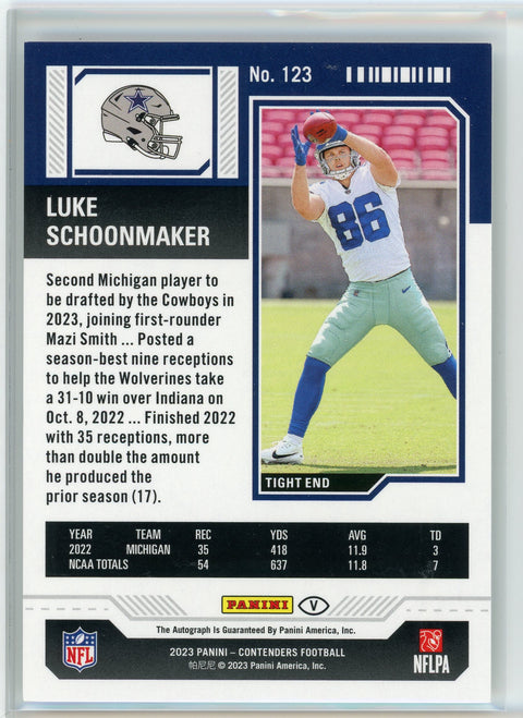 2023 Panini Contenders #123 Luke Schoonmaker Rookie Ticket Auto