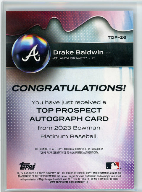 2023 Bowman Platinum #TOP-26 Drake Baldwin Top Prospects Autographs