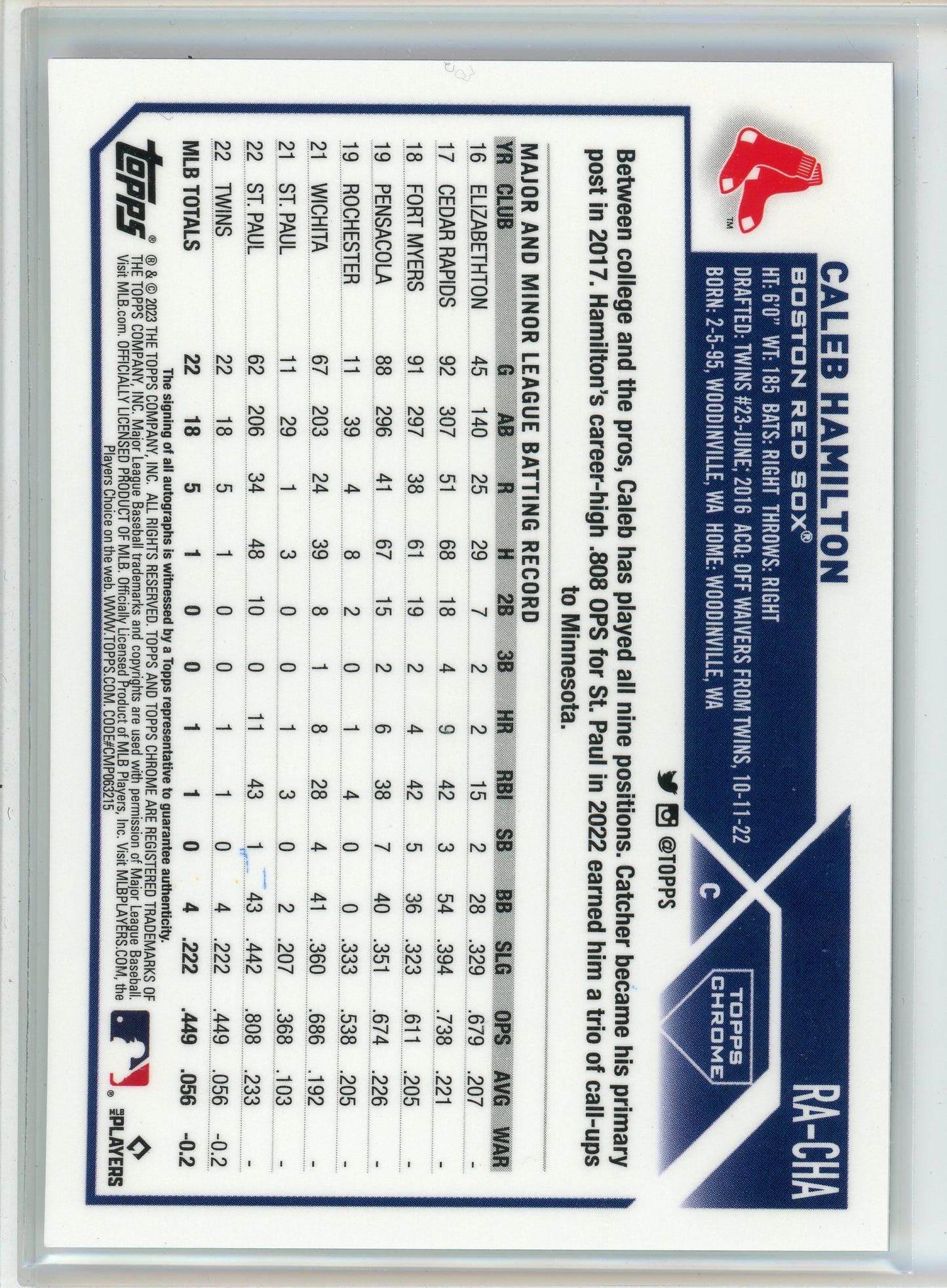 2023 Topps Chrome #RA-CHA Caleb Hamilton Rookie Auto Purple Speckle /299